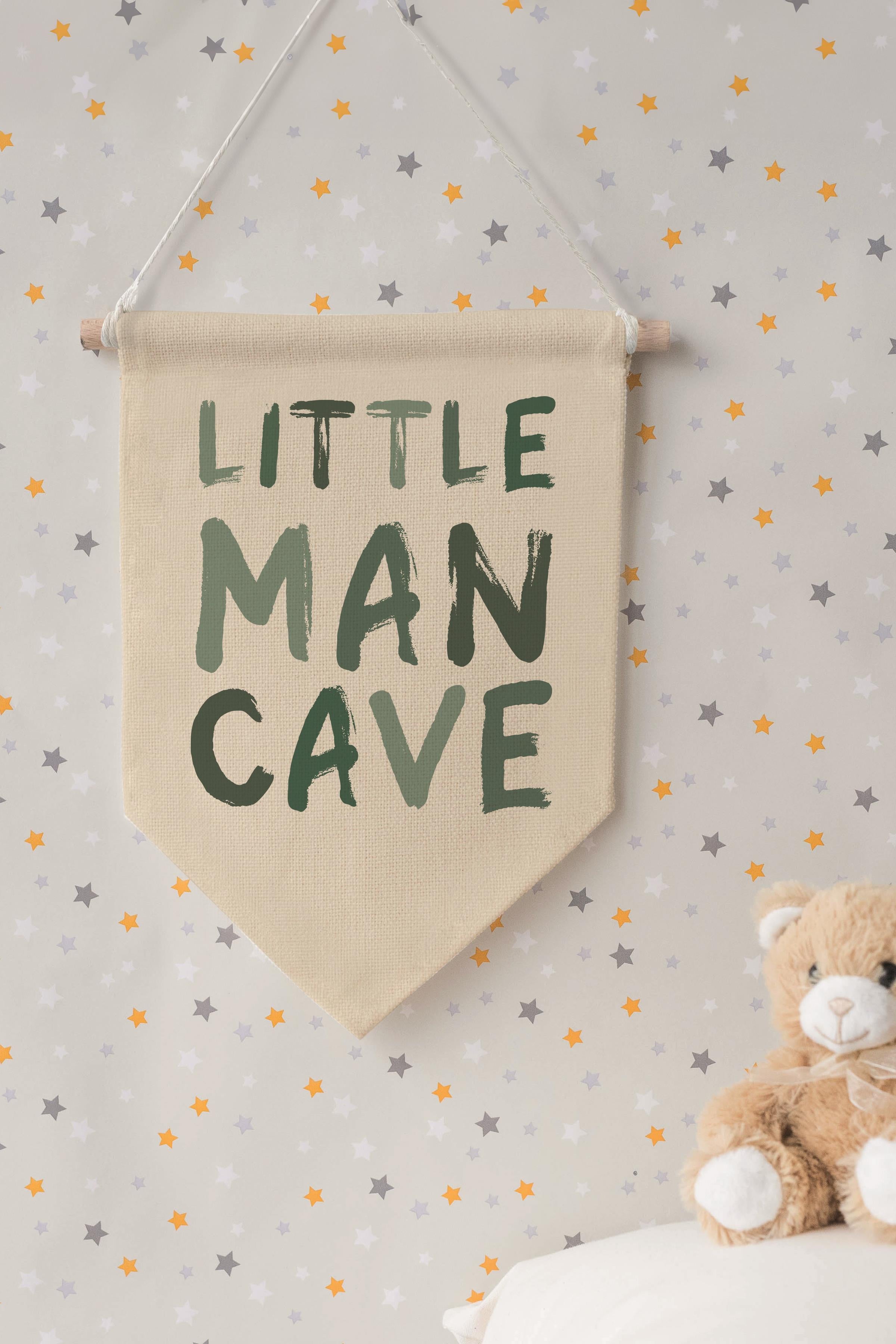 Çocuk Odası Dekor, Duvar Süsü, Ahşap Bebek Odası Dekor, Canvas Flama, Little Man Cave - Açık Yeşil