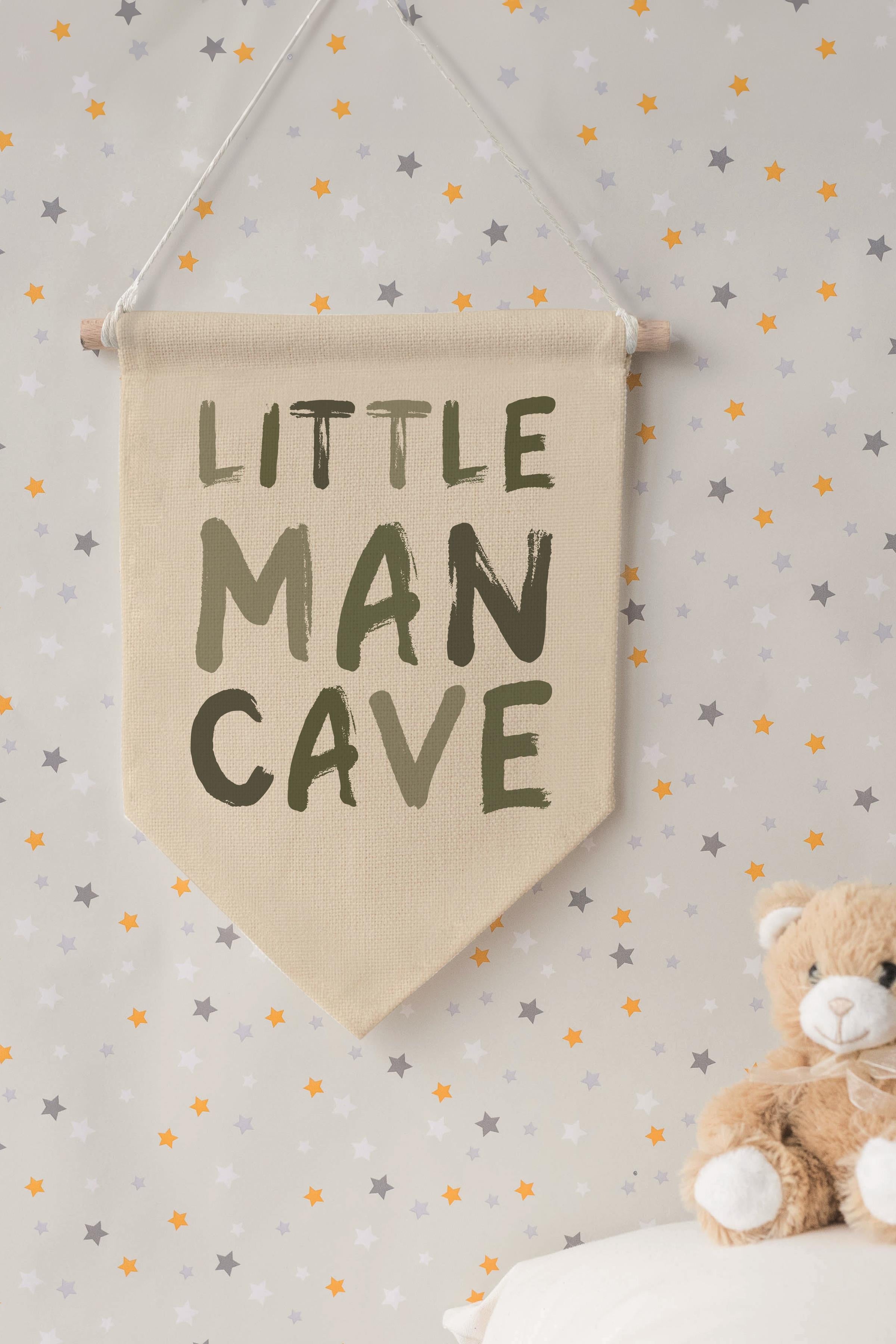 Çocuk Odası Dekor, Duvar Süsü, Ahşap Bebek Odası Dekor, Canvas Flama, Little Man Cave - Yeşil