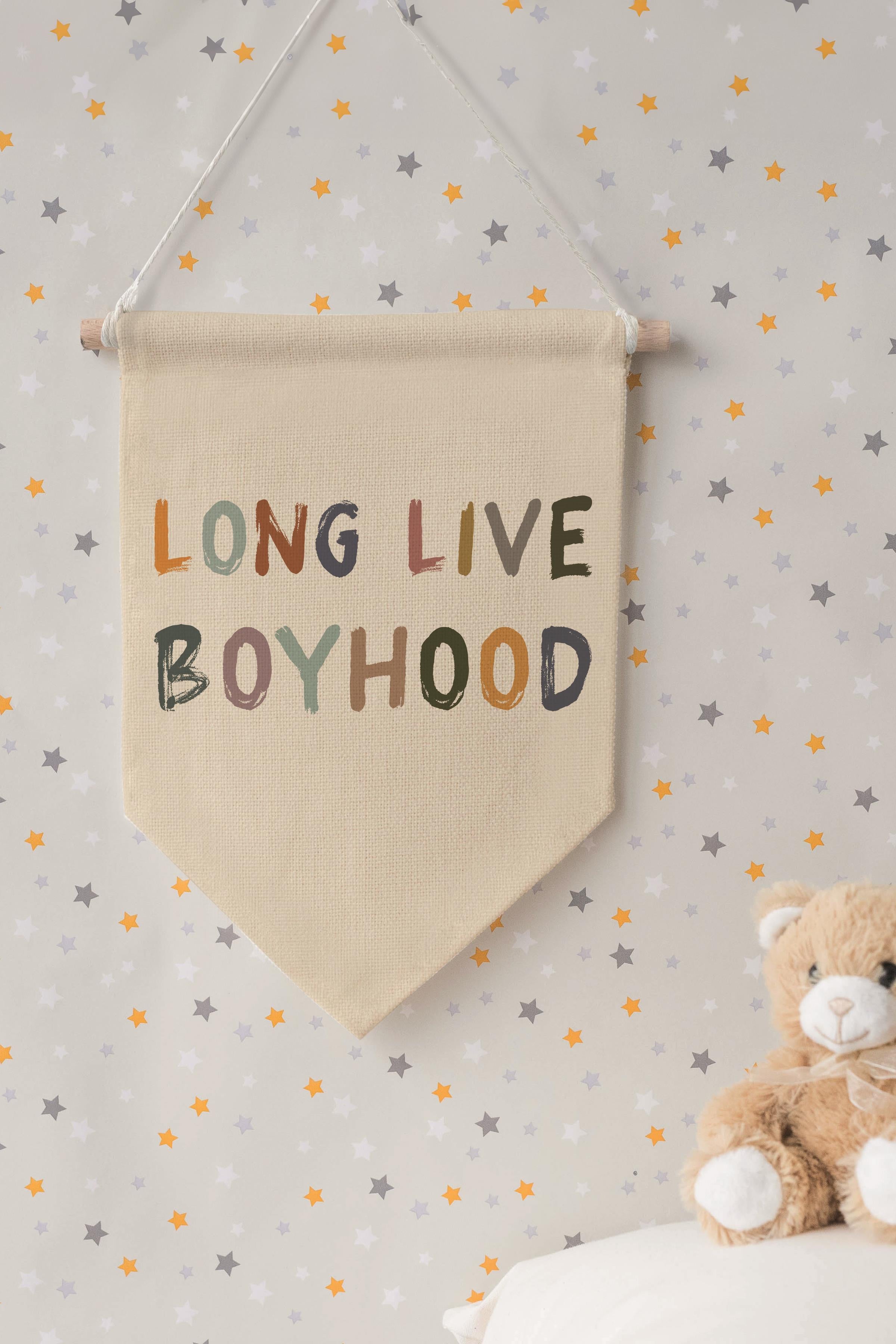 Çocuk Odası Dekor, Duvar Süsü, Ahşap Bebek Odası Dekor, Canvas Flama, Long Live Boyhood - Pastel