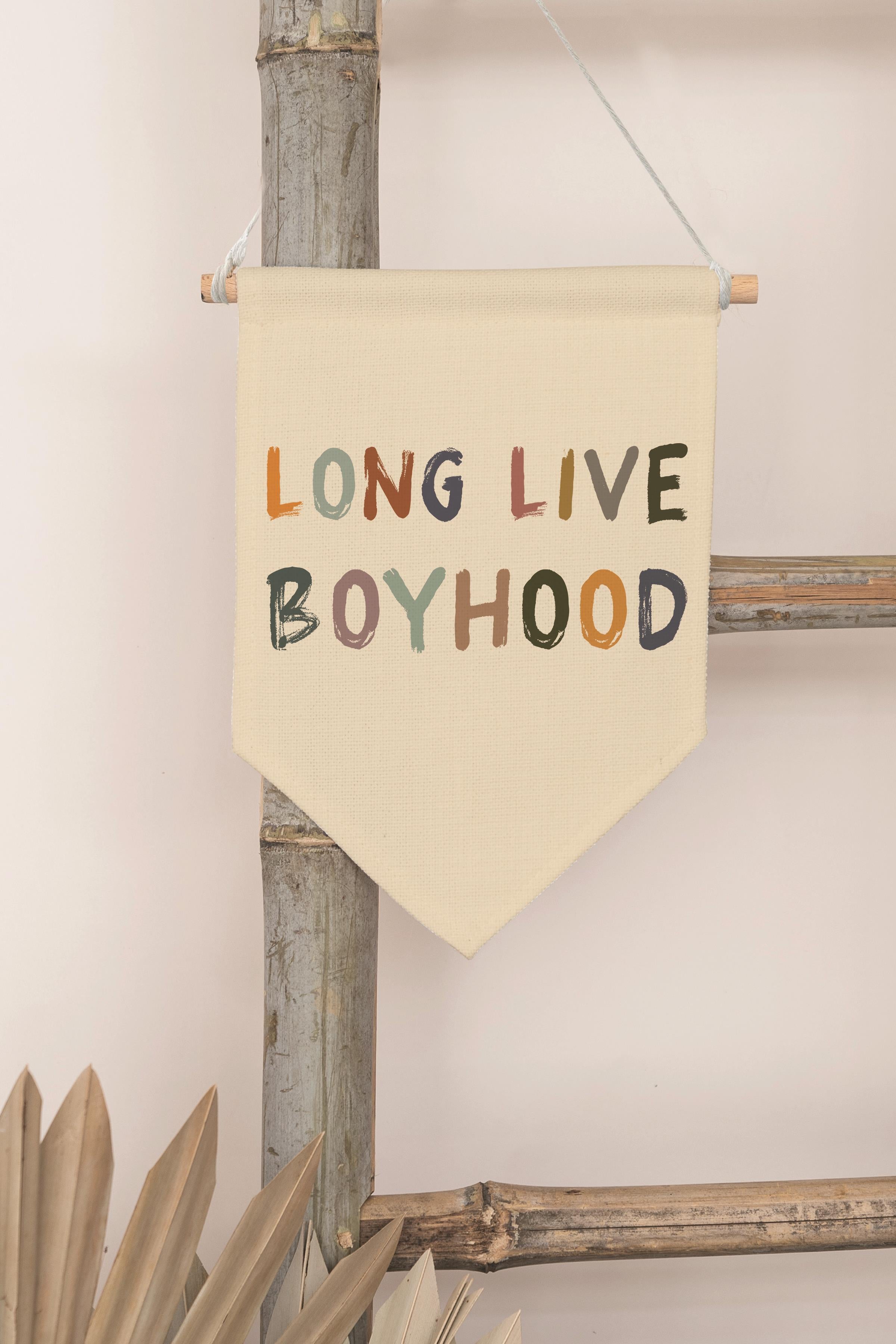 Çocuk Odası Dekor, Duvar Süsü, Ahşap Bebek Odası Dekor, Canvas Flama, Long Live Boyhood - Pastel
