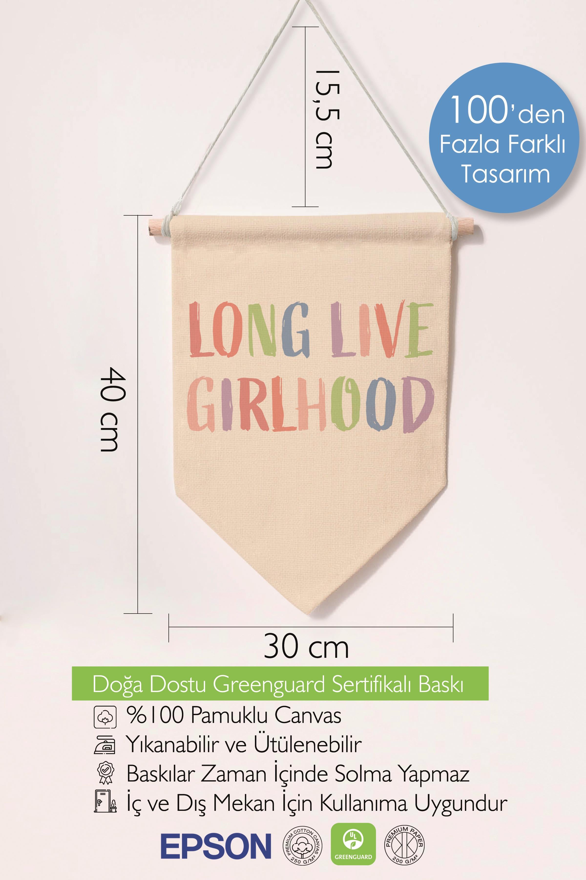 Çocuk Odası Dekor, Duvar Süsü, Ahşap Bebek Odası Dekor, Canvas Flama, Long Live Girlhood - Renkli
