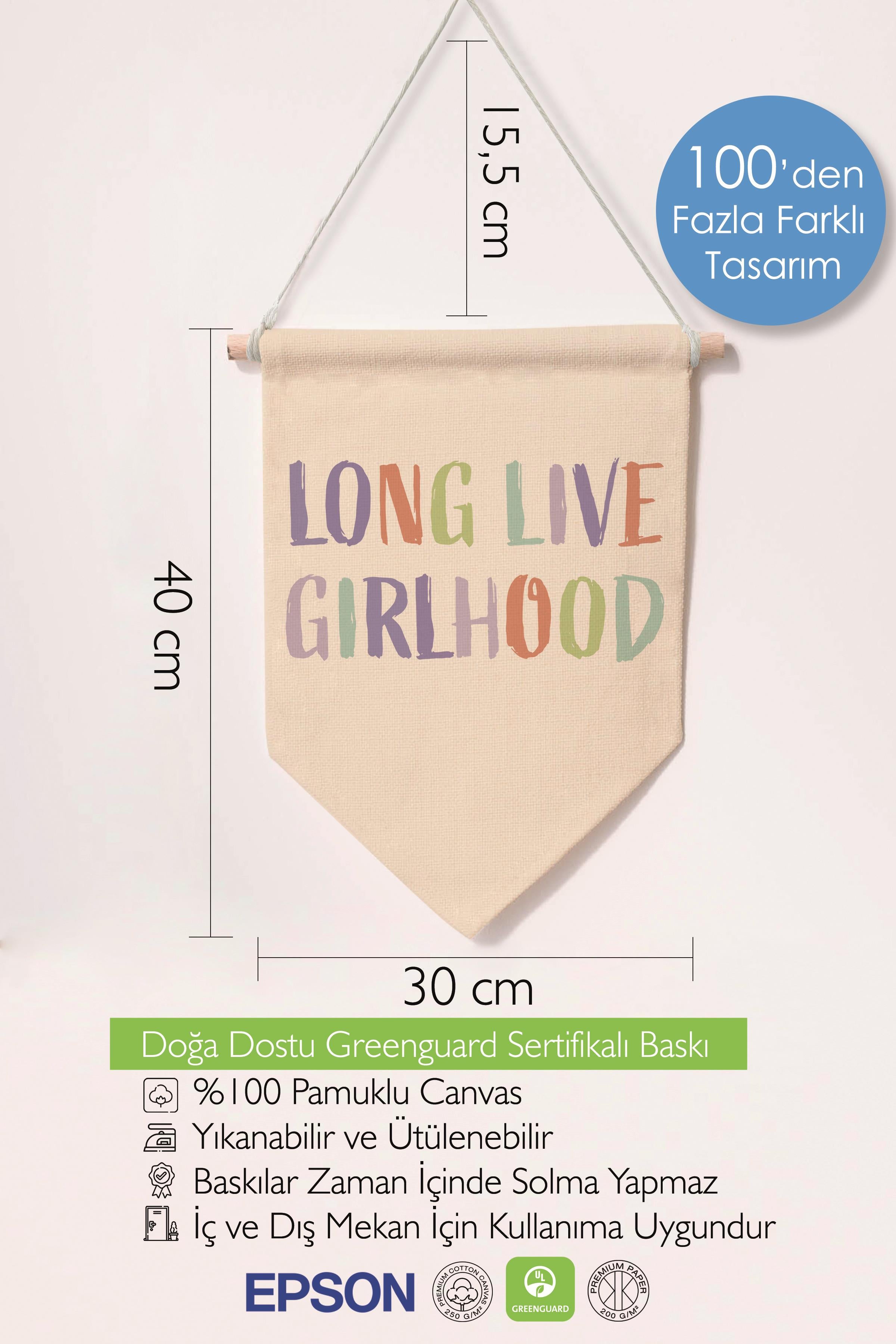 Çocuk Odası Dekor, Duvar Süsü, Ahşap Bebek Odası Dekor, Canvas Flama, Long Live Girlhood - Renkli