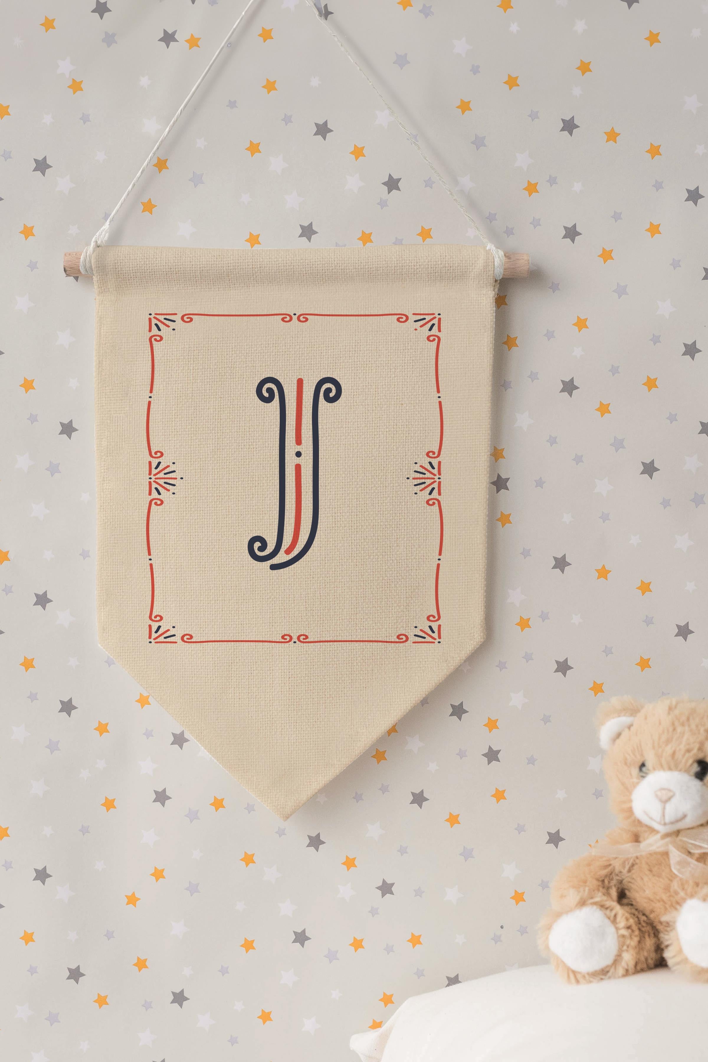 Çocuk Odası Dekor, Duvar Süsü, Ahşap Bebek Odası Dekor, Canvas Flama, Monogram J Harfi