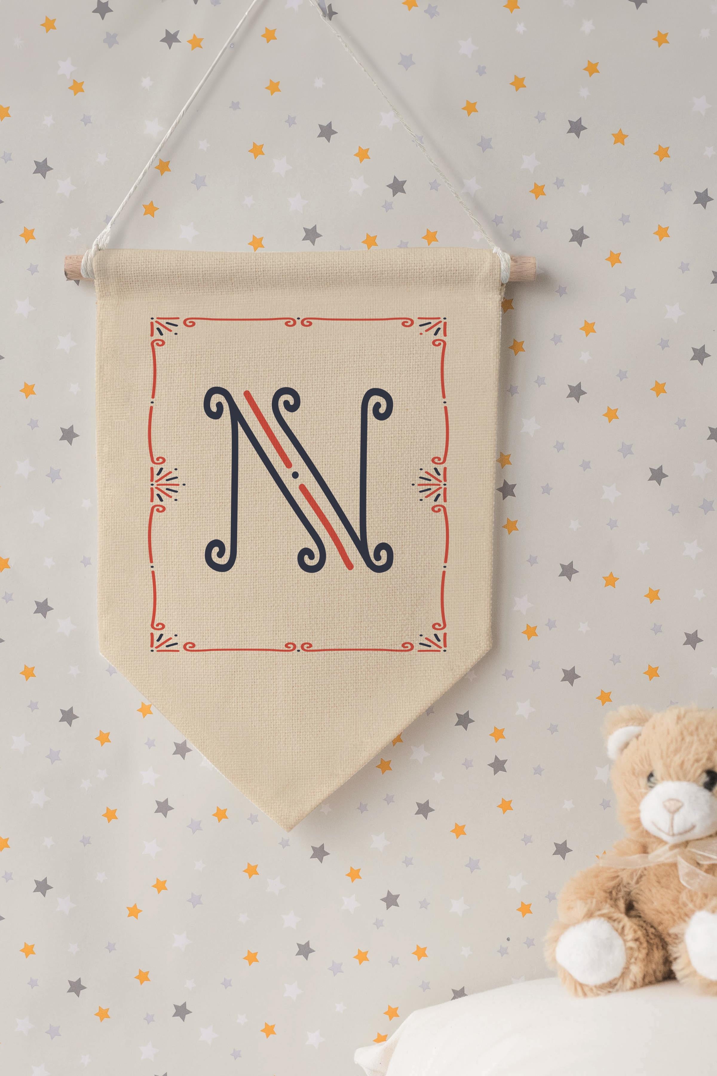 Çocuk Odası Dekor, Duvar Süsü, Ahşap Bebek Odası Dekor, Canvas Flama, Monogram N Harfi
