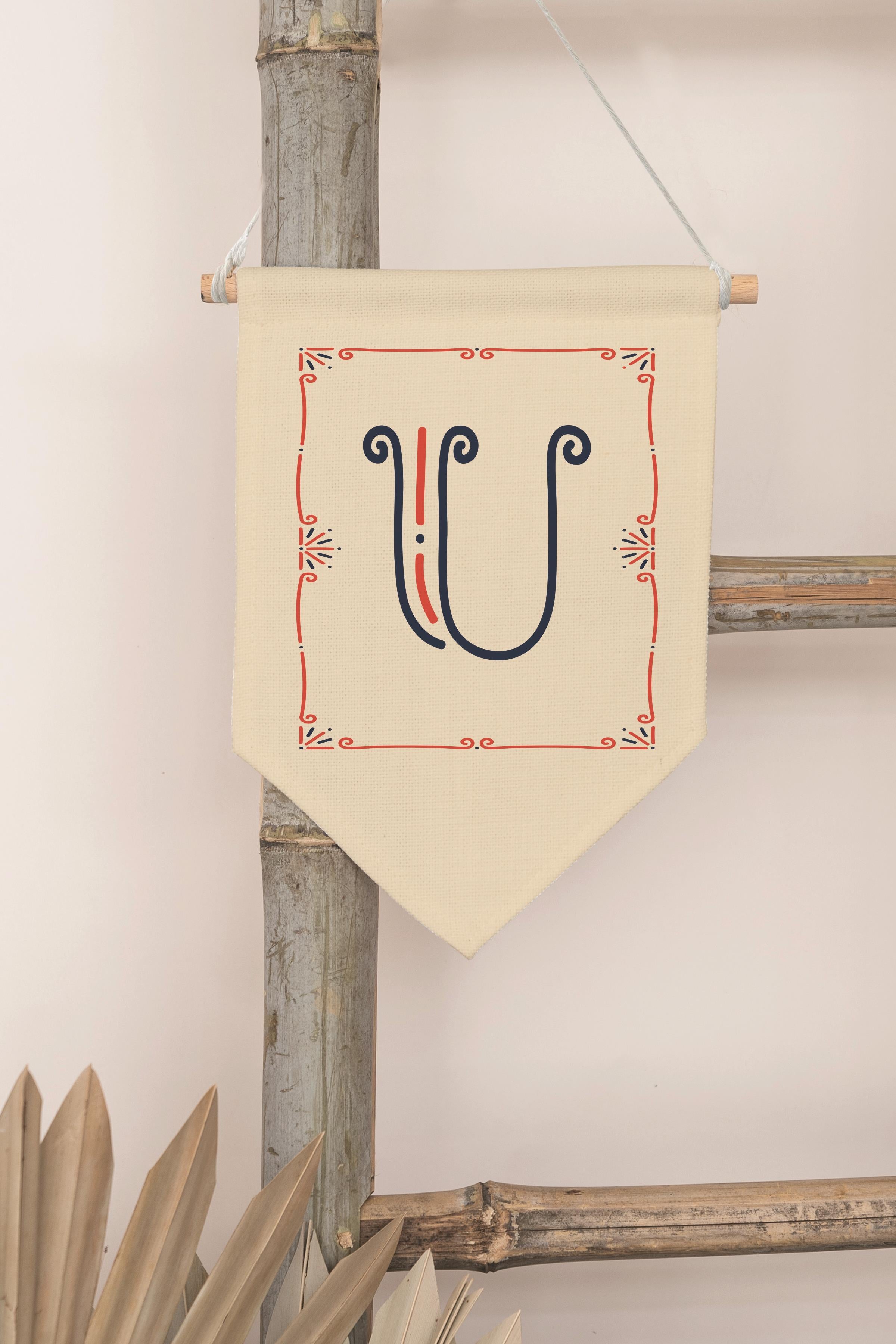 Çocuk Odası Dekor, Duvar Süsü, Ahşap Bebek Odası Dekor, Canvas Flama, Monogram U Harfi