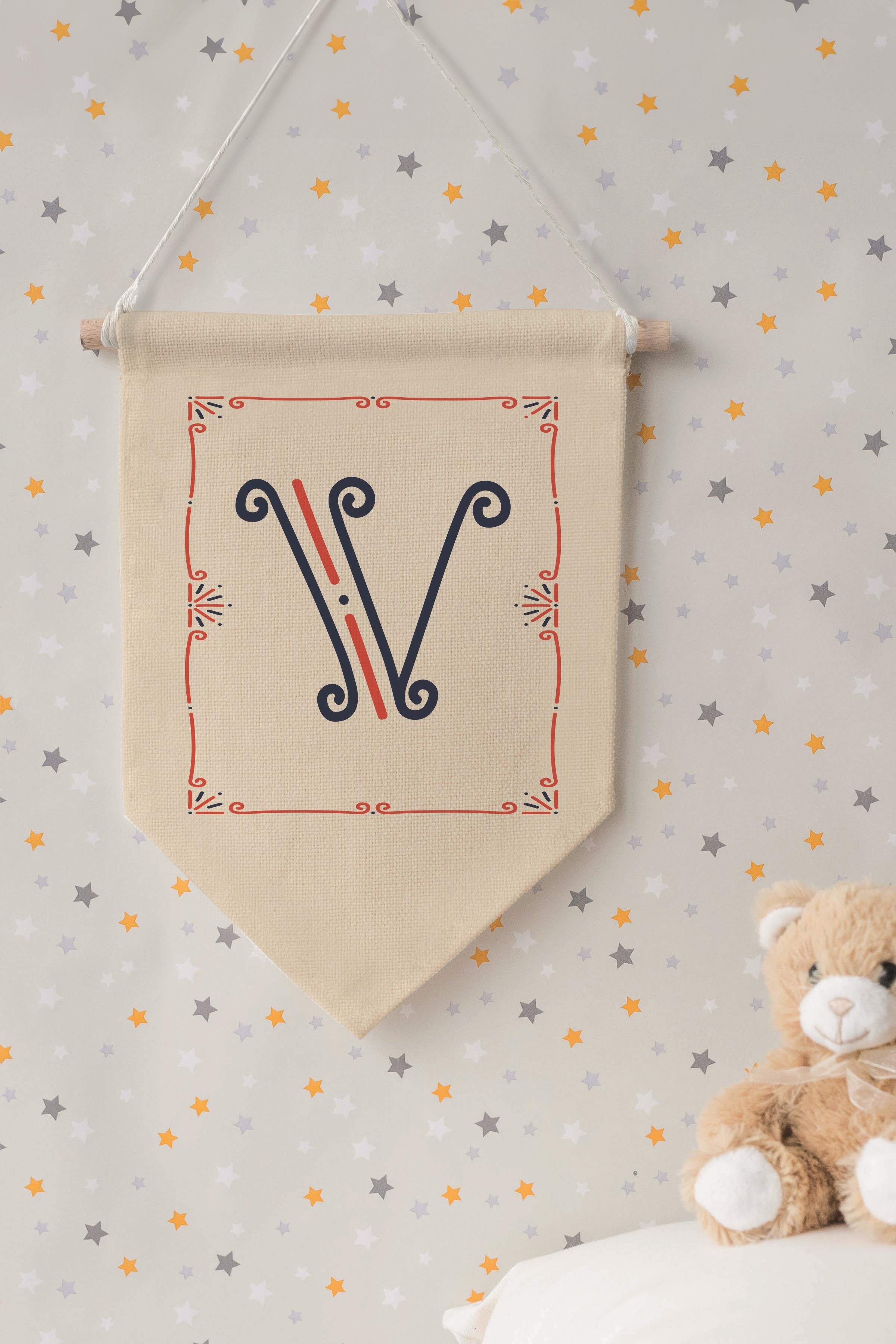 Çocuk Odası Dekor, Duvar Süsü, Ahşap Bebek Odası Dekor, Canvas Flama, Monogram V Harfi