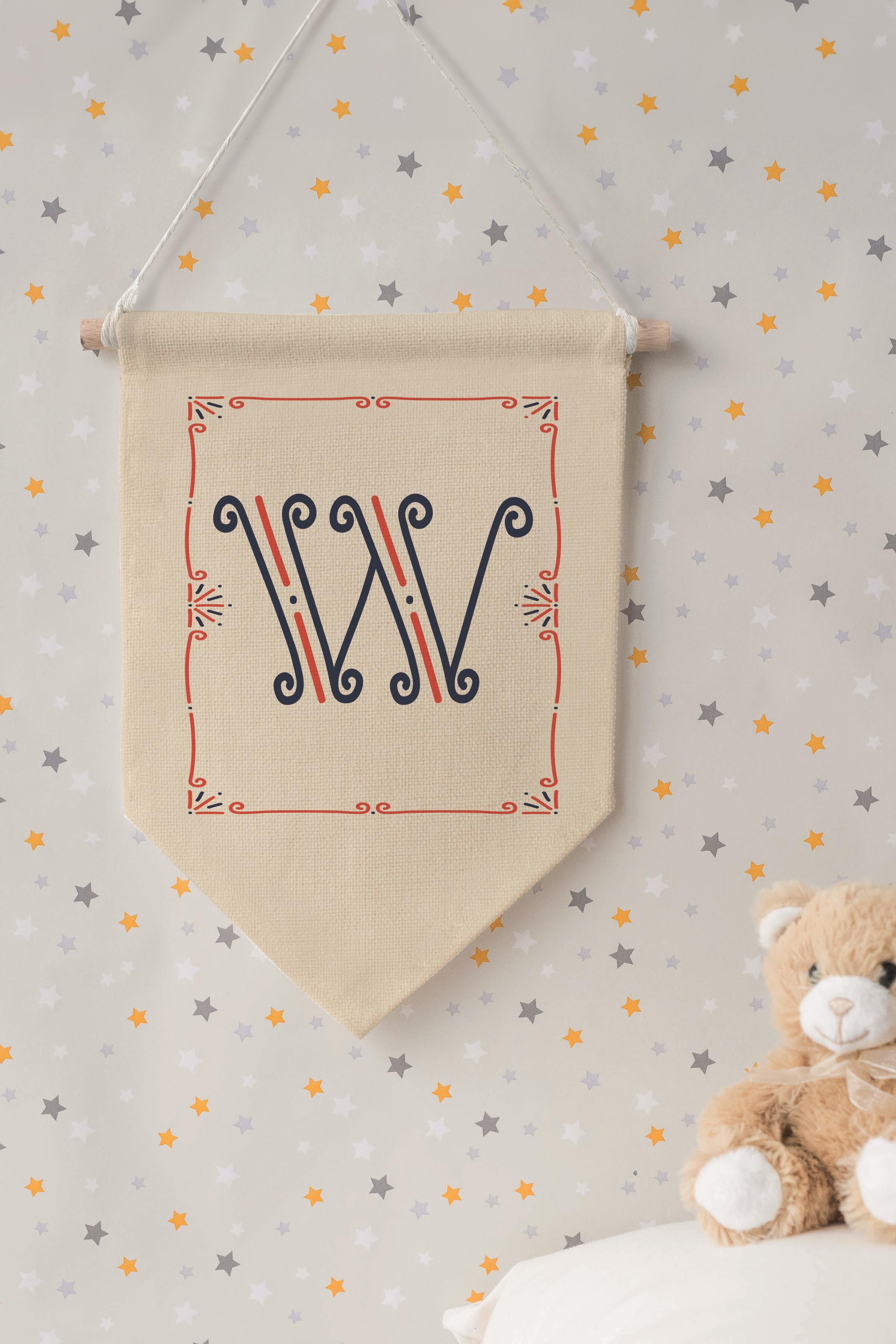 Çocuk Odası Dekor, Duvar Süsü, Ahşap Bebek Odası Dekor, Canvas Flama, Monogram W Harfi