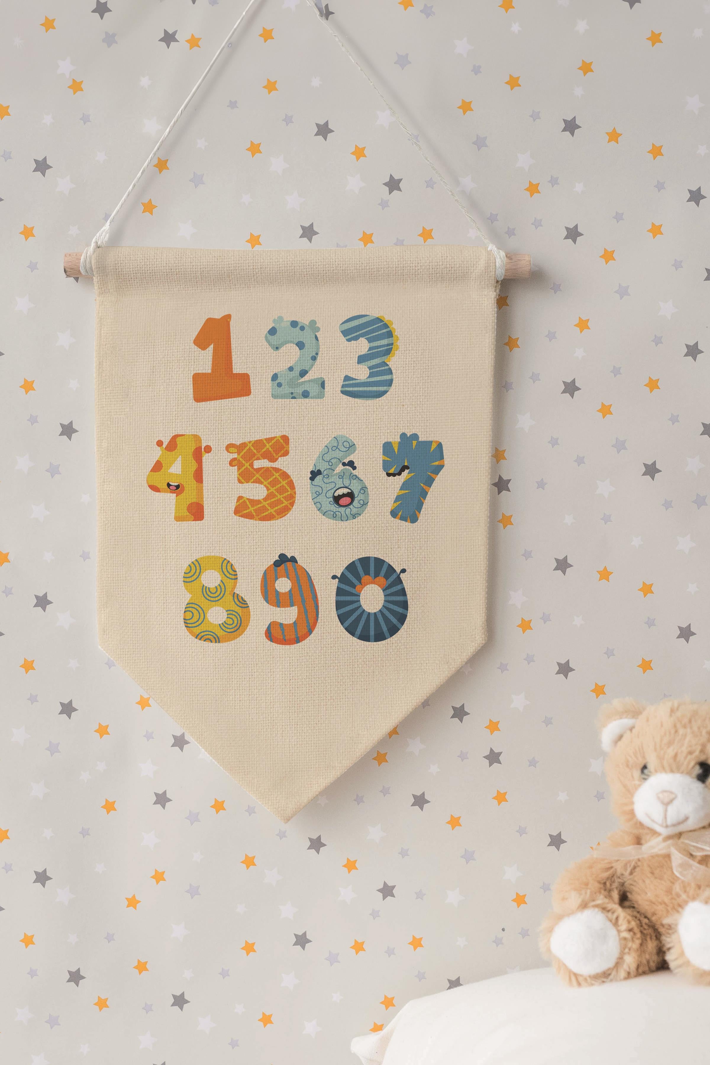 Çocuk Odası Dekor, Duvar Süsü, Ahşap Bebek Odası Dekor, Canvas Flama, Renkli Desenli Sayılar