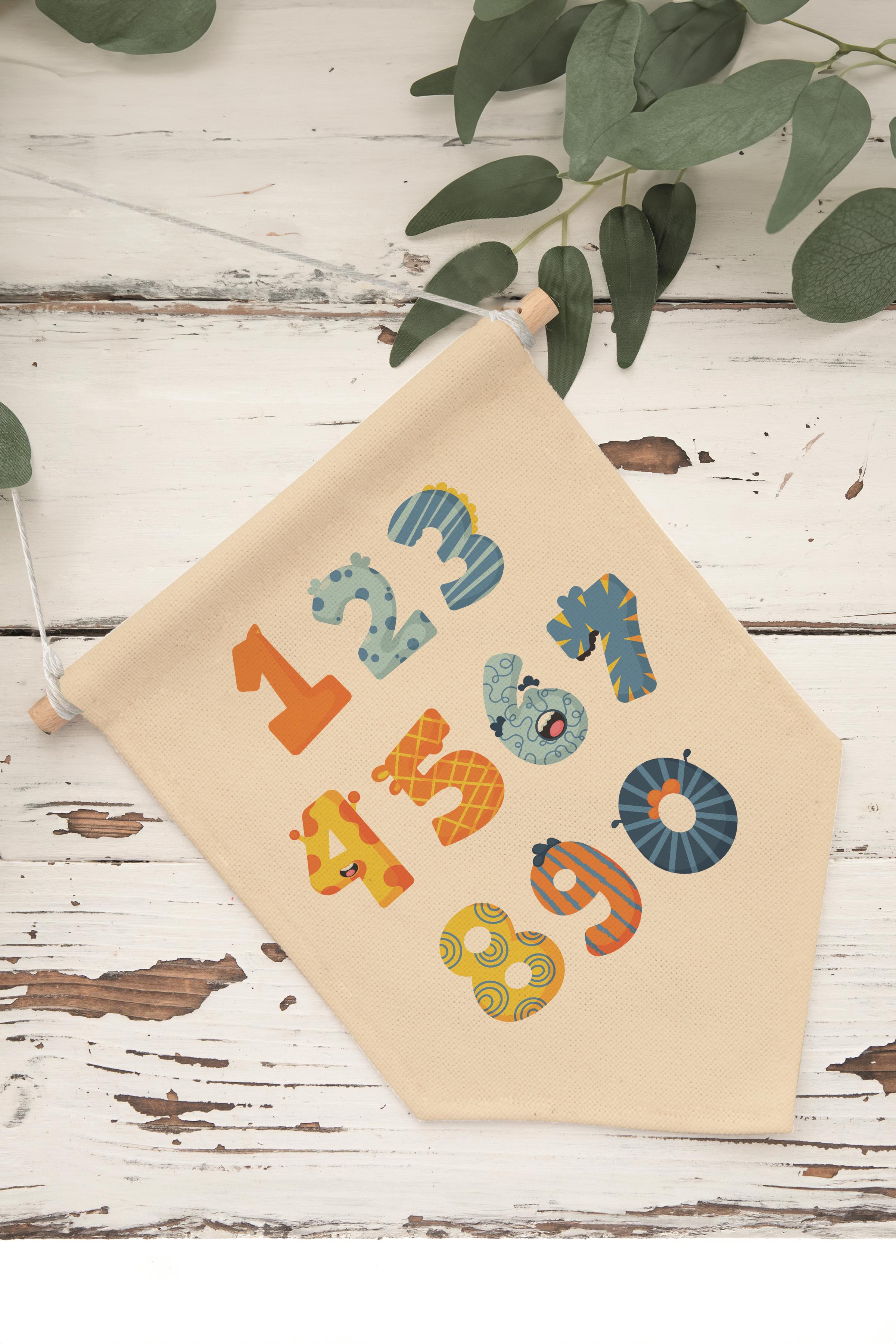 Çocuk Odası Dekor, Duvar Süsü, Ahşap Bebek Odası Dekor, Canvas Flama, Renkli Desenli Sayılar