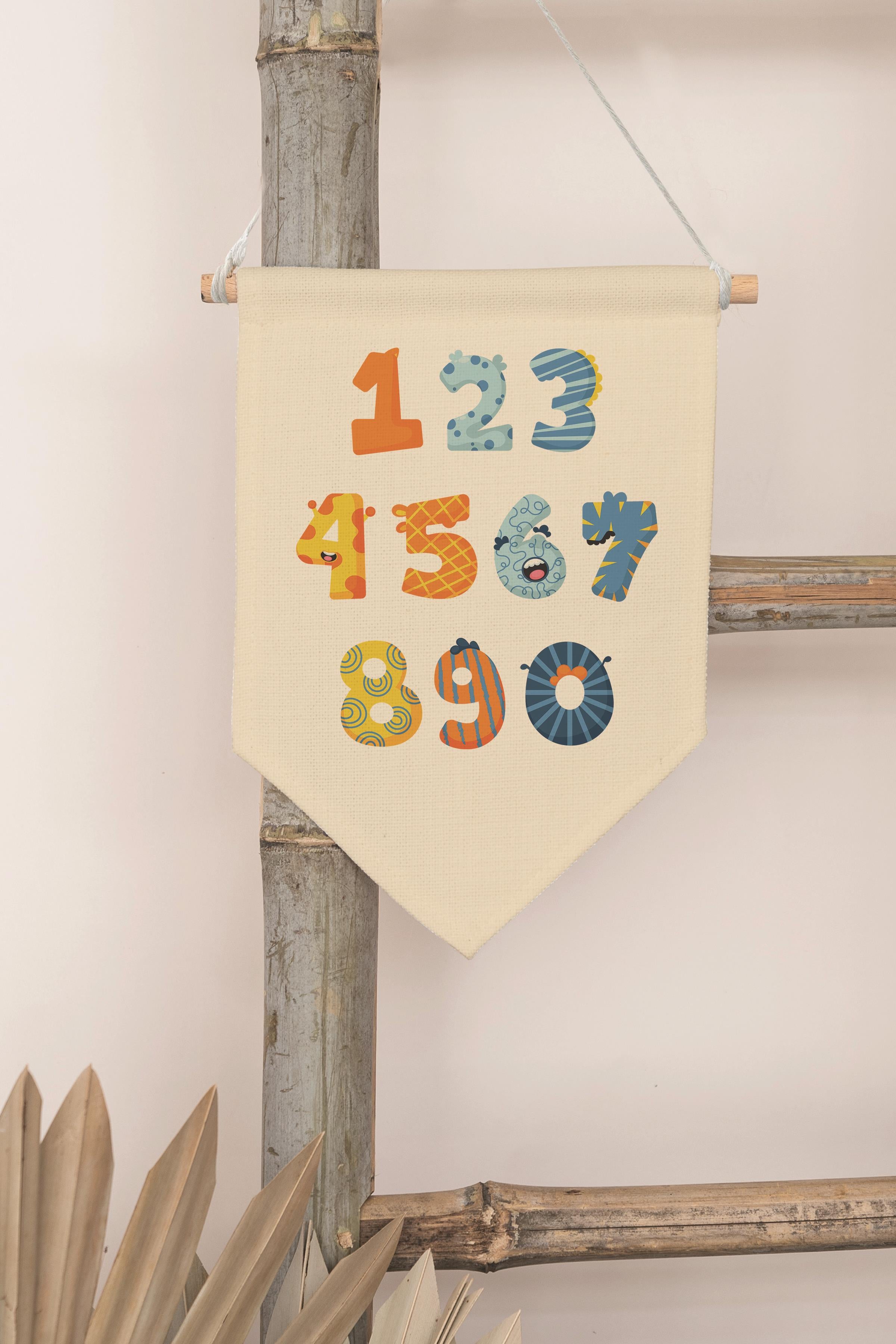 Çocuk Odası Dekor, Duvar Süsü, Ahşap Bebek Odası Dekor, Canvas Flama, Renkli Desenli Sayılar