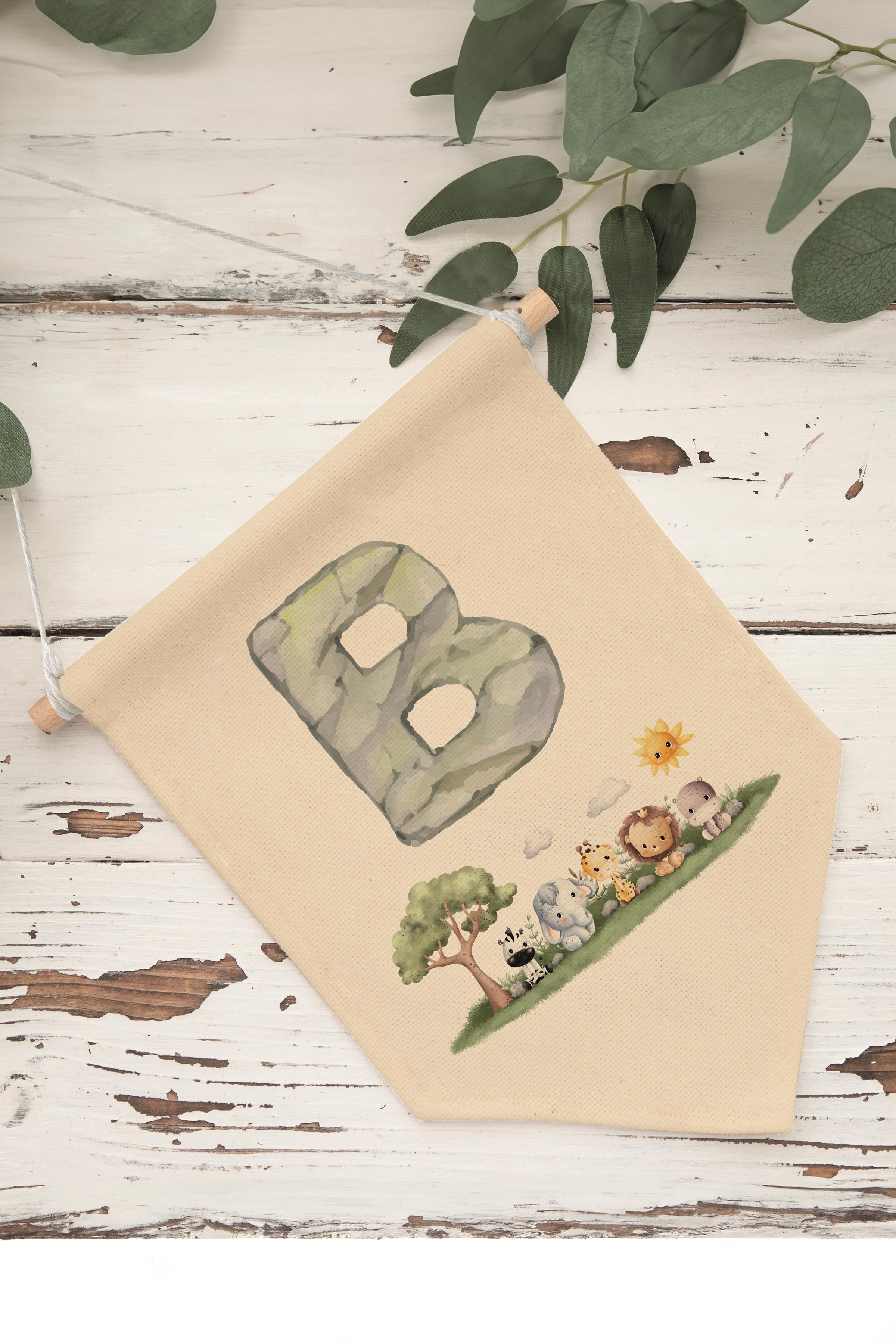 Çocuk Odası Dekor, Duvar Süsü, Ahşap Bebek Odası Dekor, Canvas Flama, Safari ve Hayvanlı B Harfi