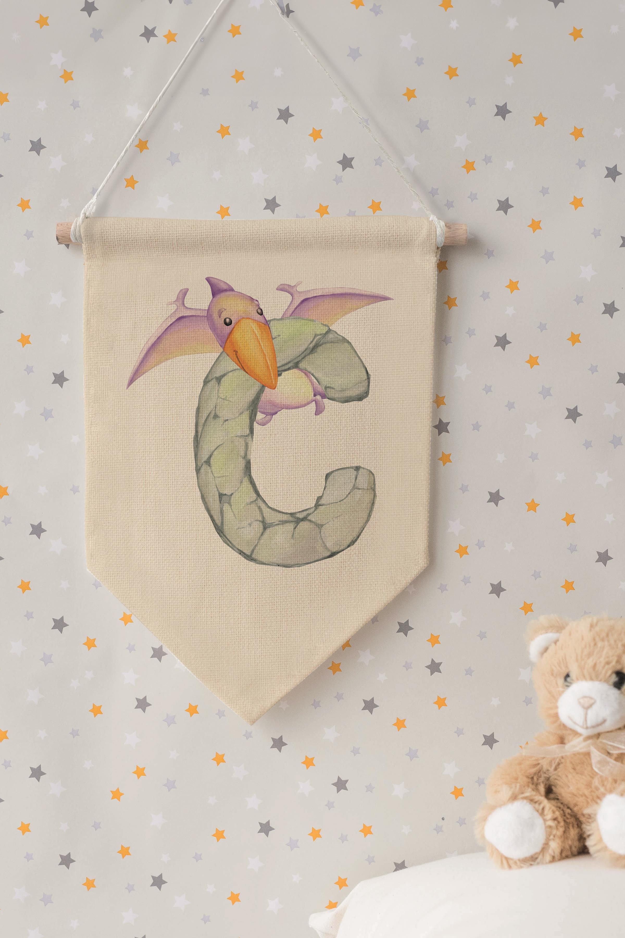 Çocuk Odası Dekor, Duvar Süsü, Ahşap Bebek Odası Dekor, Canvas Flama, Safari ve Hayvanlı C Harfi