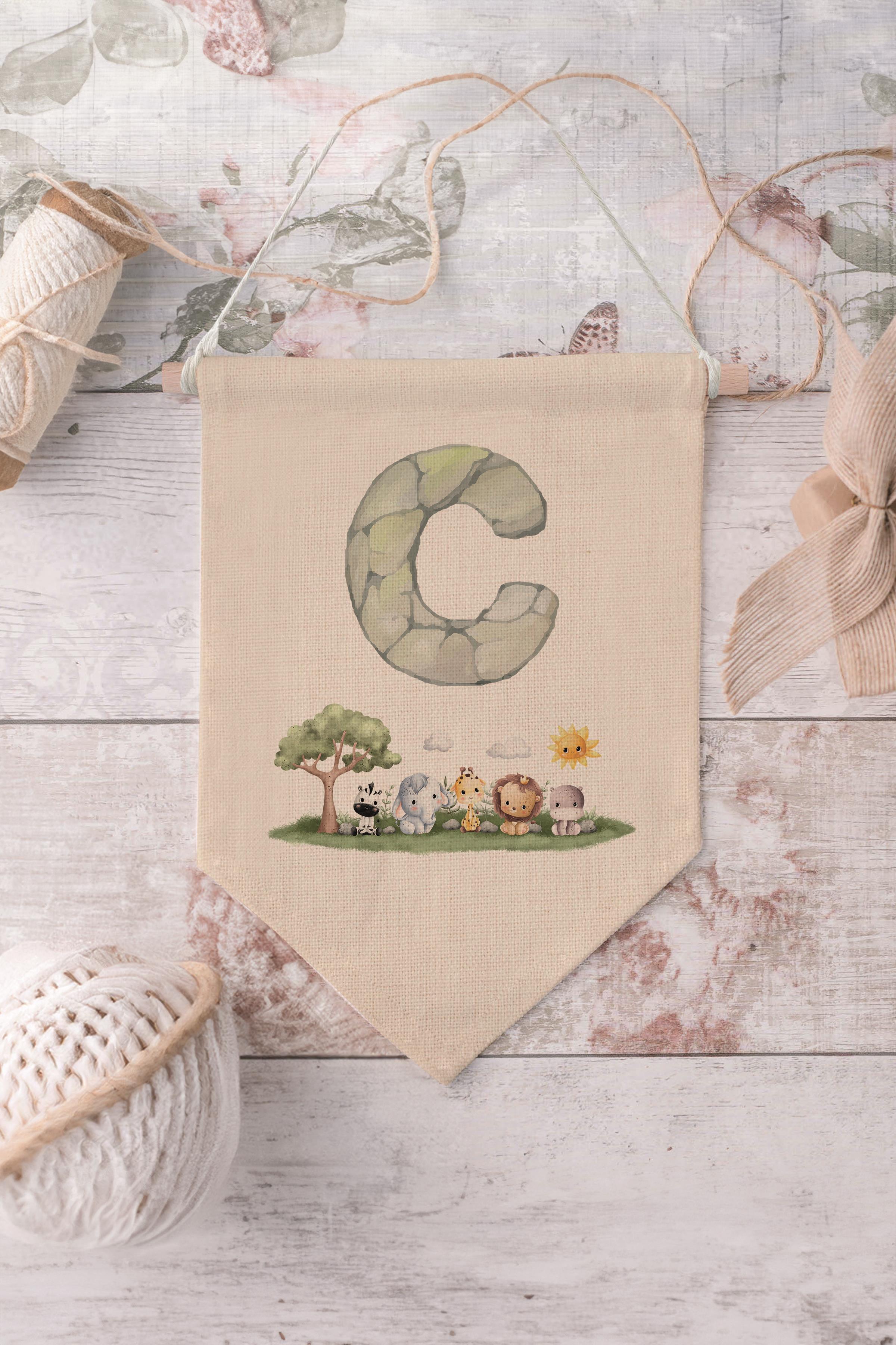 Çocuk Odası Dekor, Duvar Süsü, Ahşap Bebek Odası Dekor, Canvas Flama, Safari ve Hayvanlı C Harfi