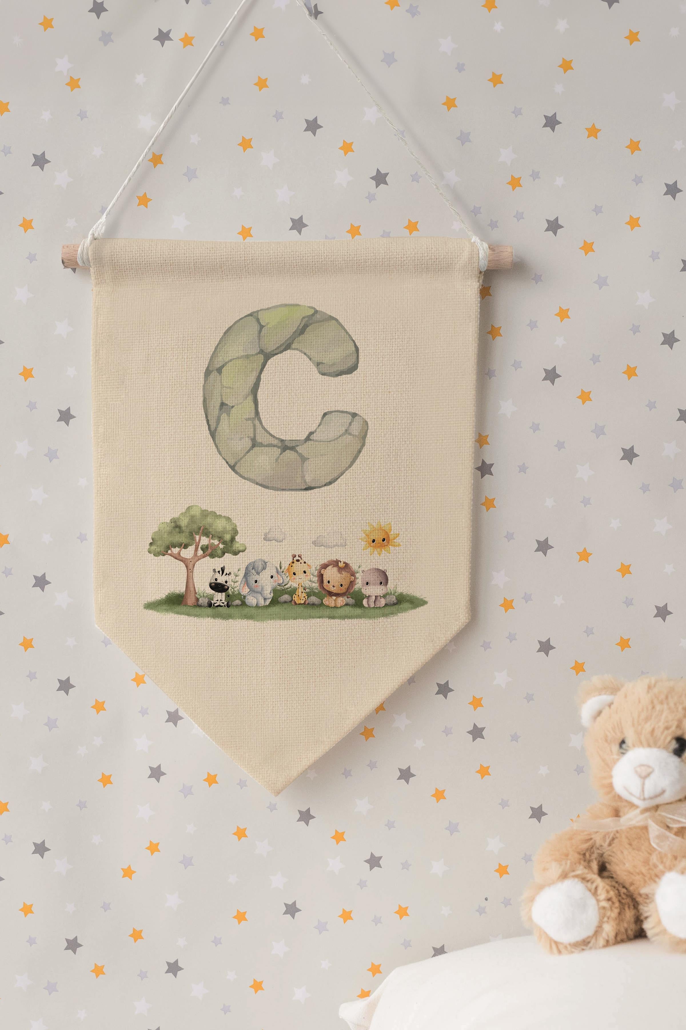Çocuk Odası Dekor, Duvar Süsü, Ahşap Bebek Odası Dekor, Canvas Flama, Safari ve Hayvanlı C Harfi