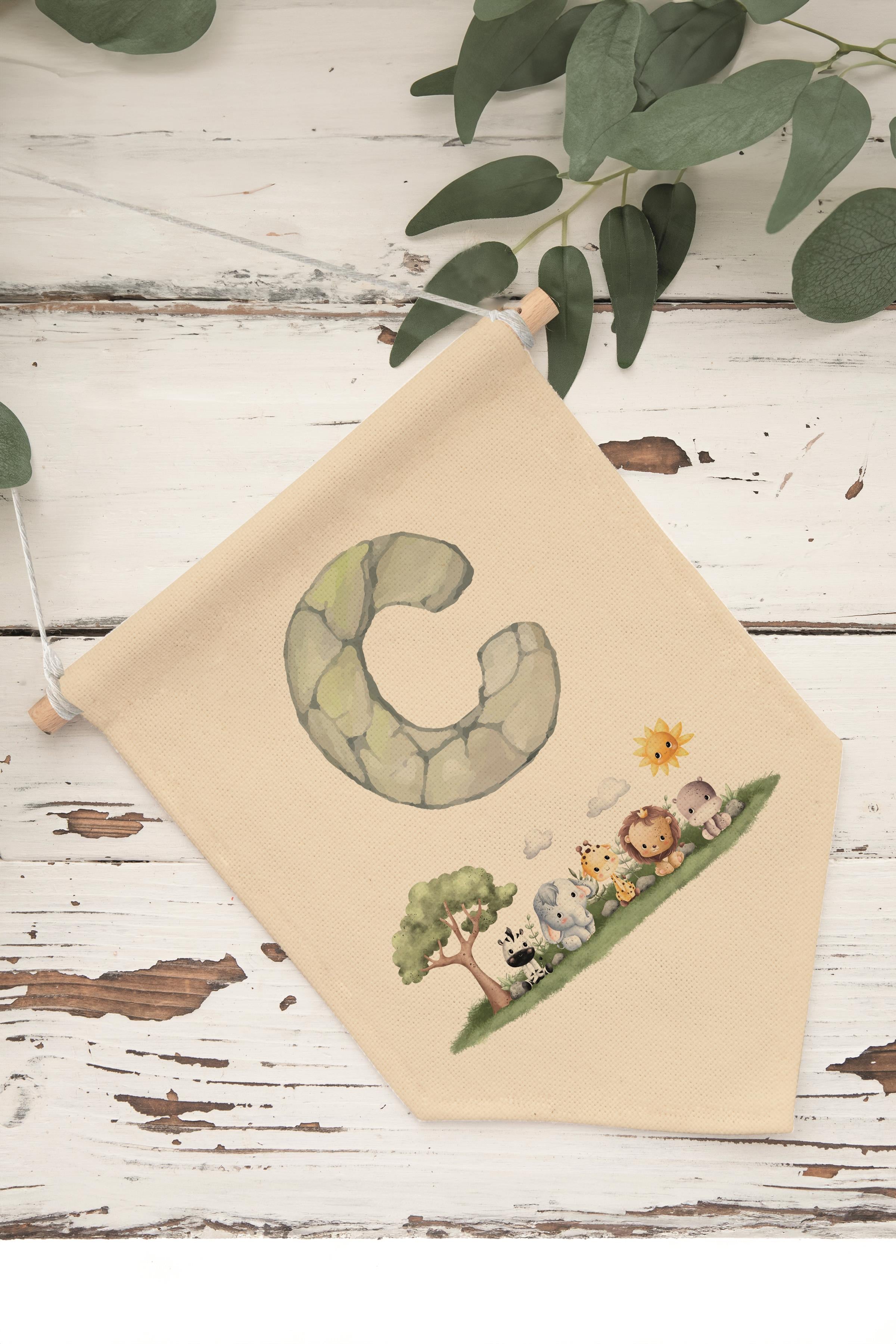 Çocuk Odası Dekor, Duvar Süsü, Ahşap Bebek Odası Dekor, Canvas Flama, Safari ve Hayvanlı C Harfi