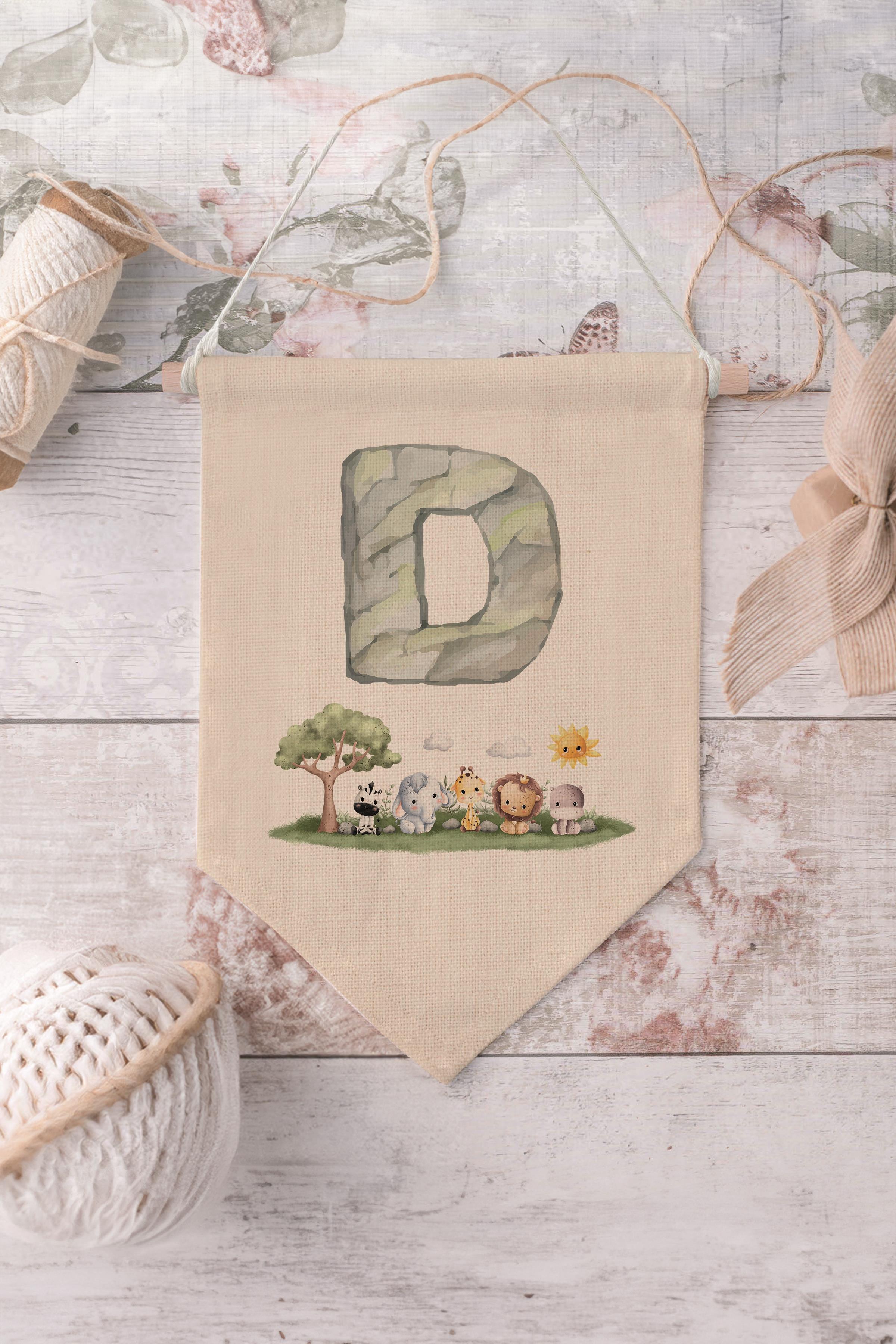 Çocuk Odası Dekor, Duvar Süsü, Ahşap Bebek Odası Dekor, Canvas Flama, Safari ve Hayvanlı D Harfi