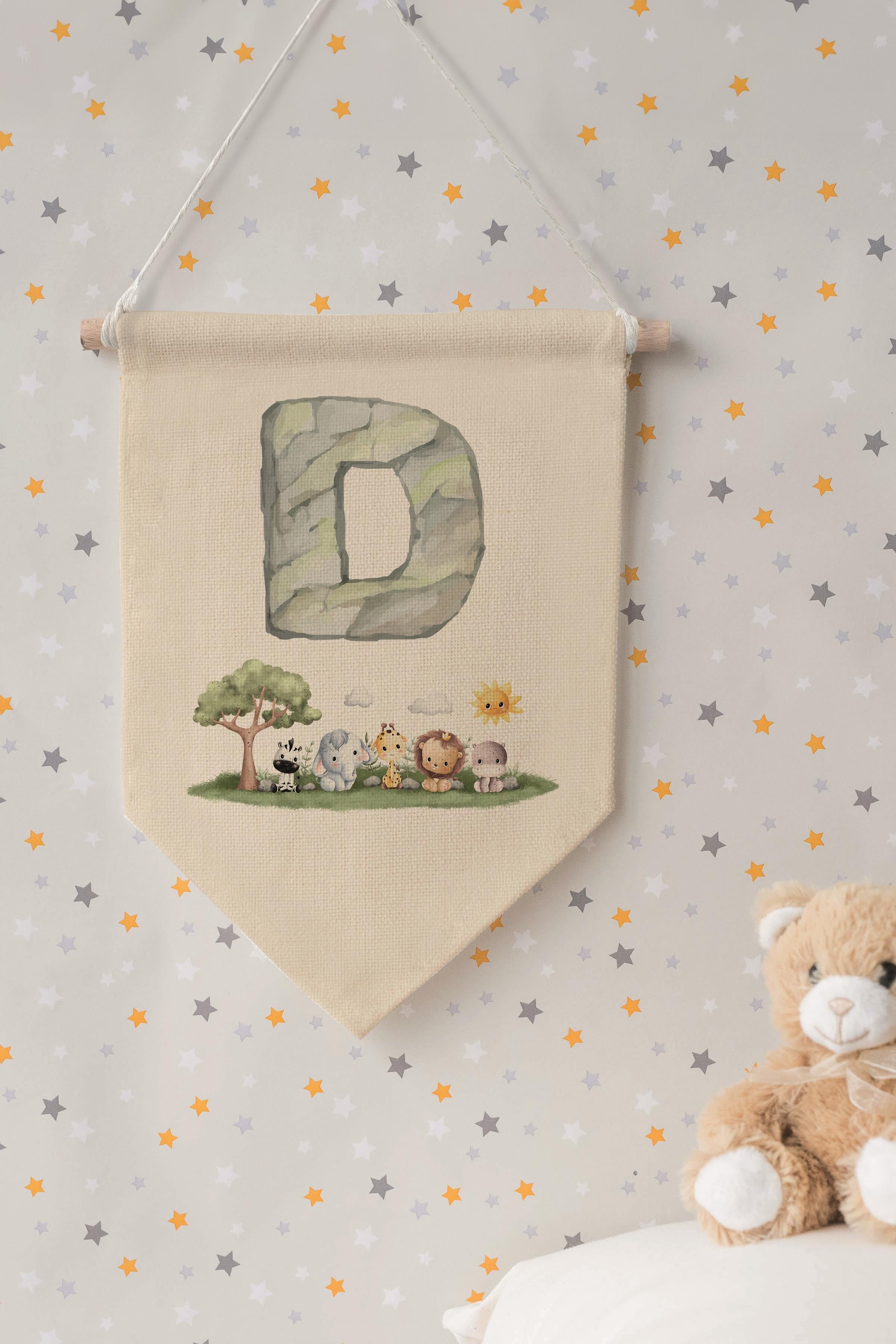 Çocuk Odası Dekor, Duvar Süsü, Ahşap Bebek Odası Dekor, Canvas Flama, Safari ve Hayvanlı D Harfi
