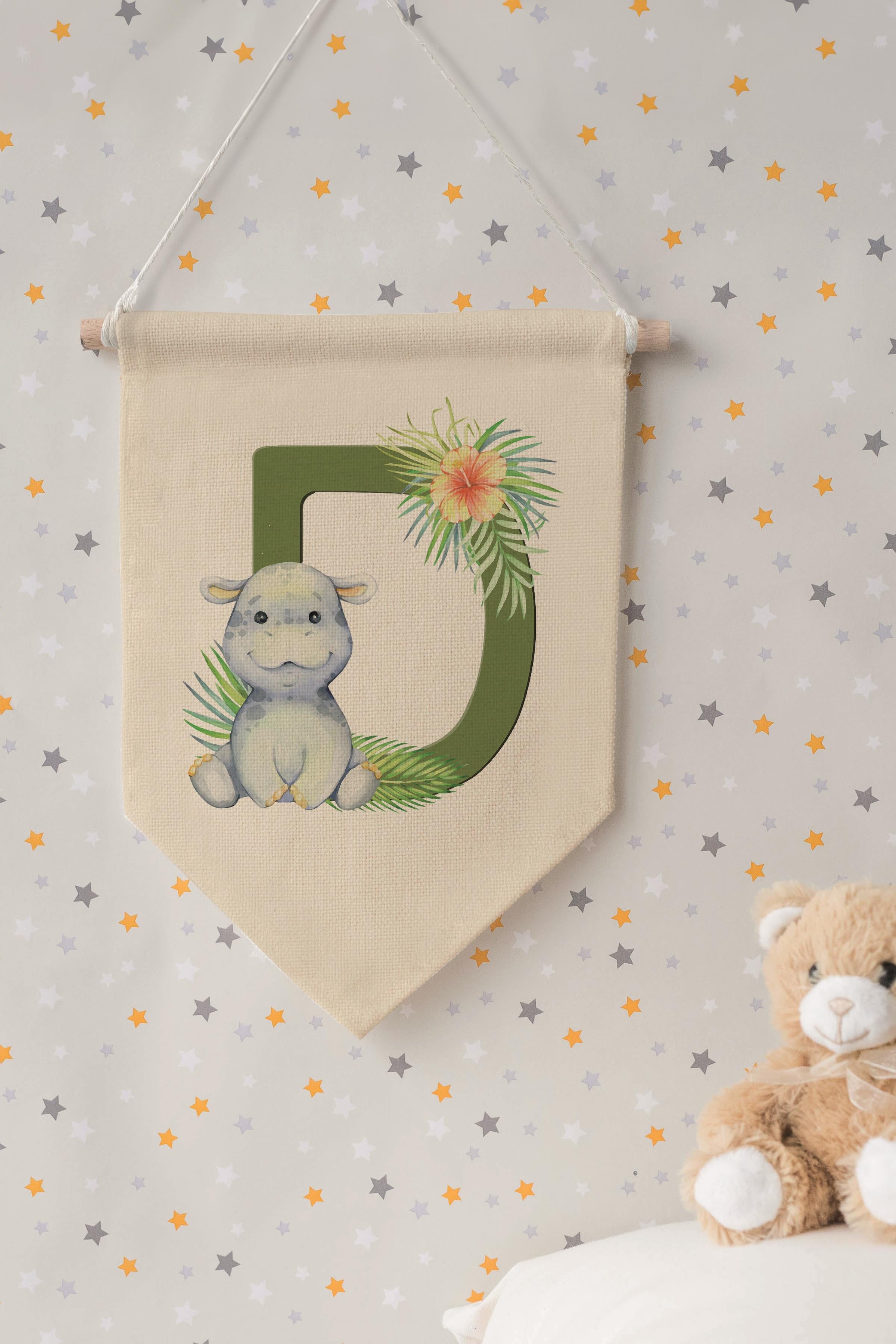 Çocuk Odası Dekor, Duvar Süsü, Ahşap Bebek Odası Dekor, Canvas Flama, Safari ve Hayvanlı D Harfi