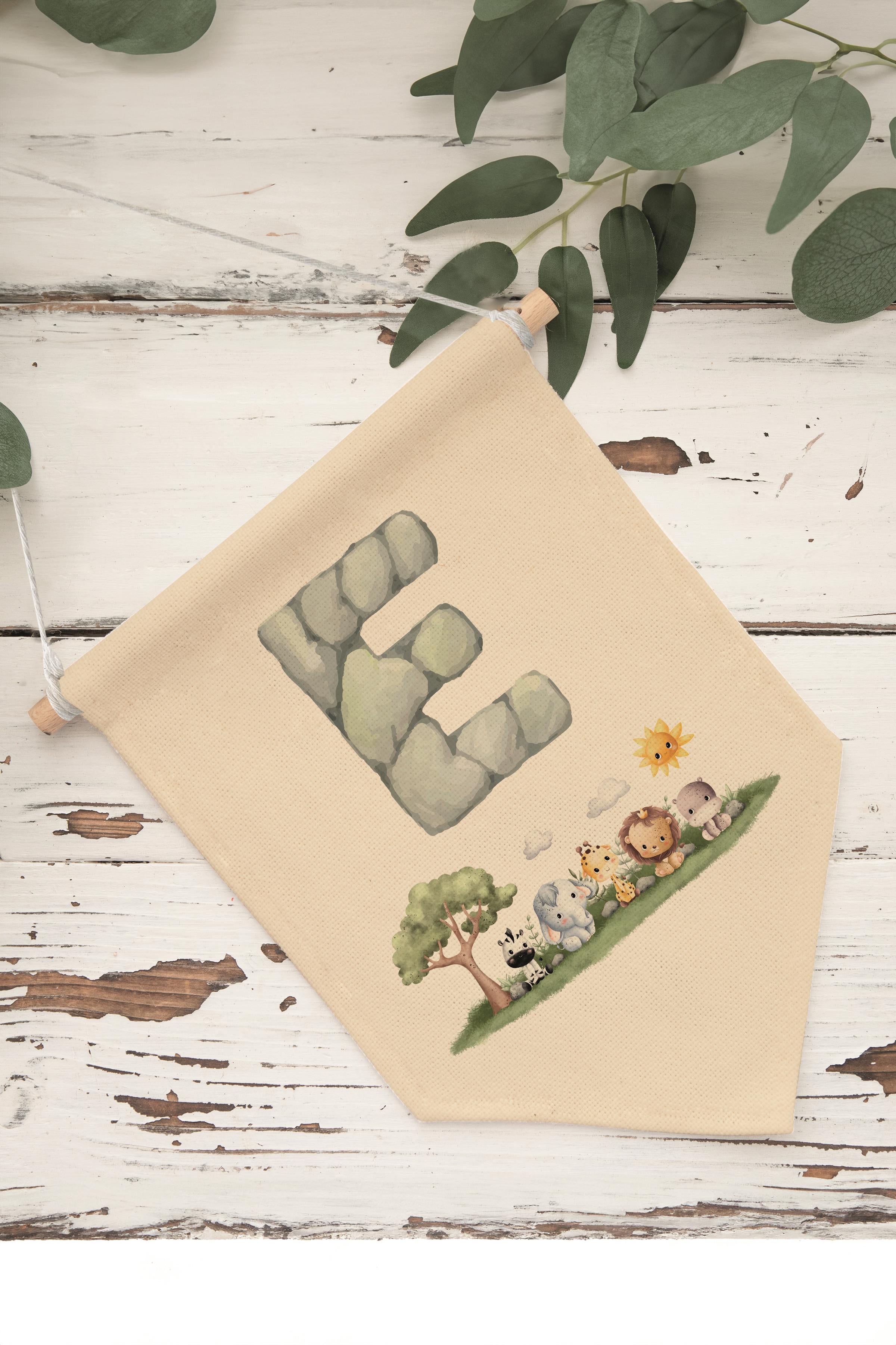 Çocuk Odası Dekor, Duvar Süsü, Ahşap Bebek Odası Dekor, Canvas Flama, Safari ve Hayvanlı E Harfi