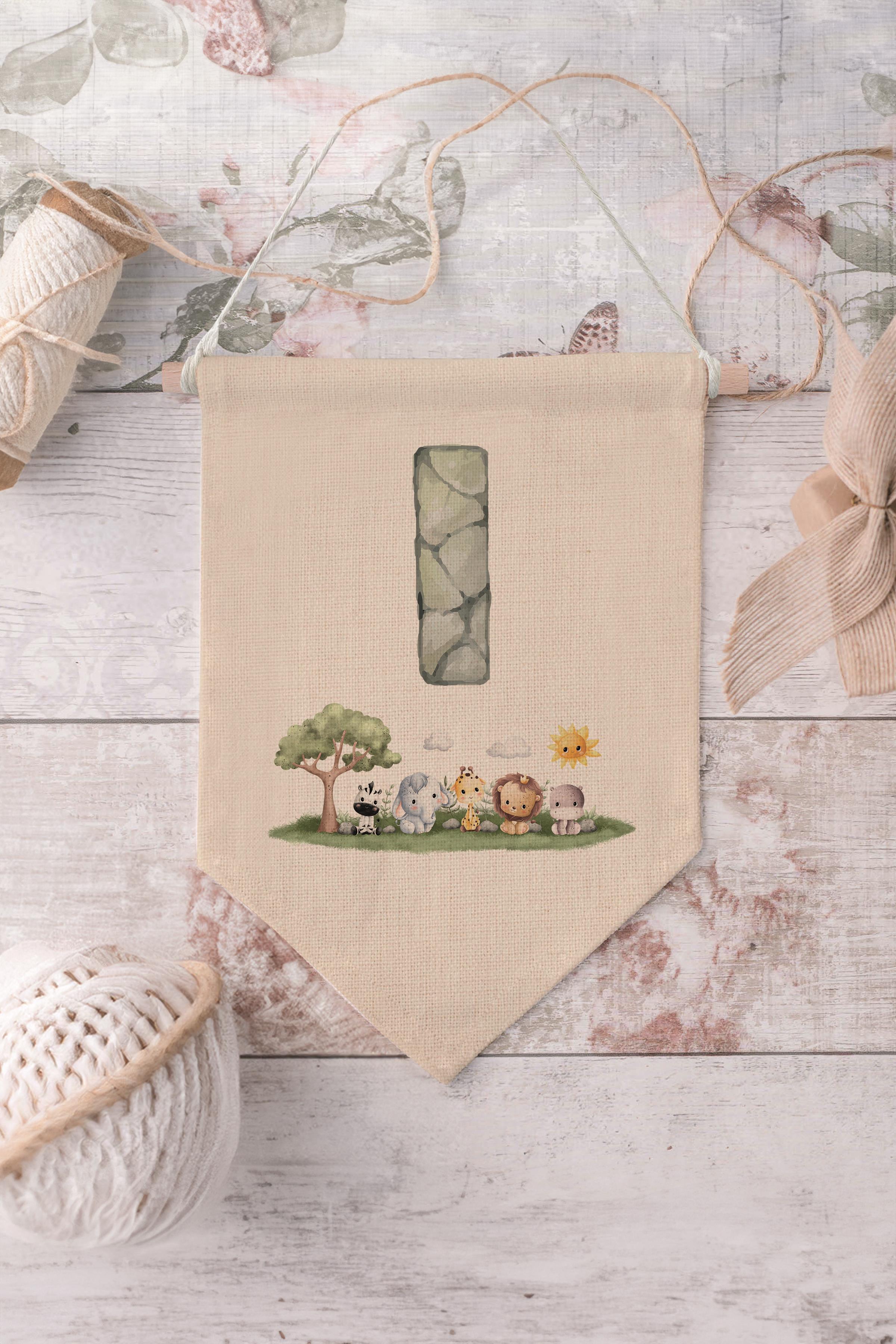 Çocuk Odası Dekor, Duvar Süsü, Ahşap Bebek Odası Dekor, Canvas Flama, Safari ve Hayvanlı I Harfi