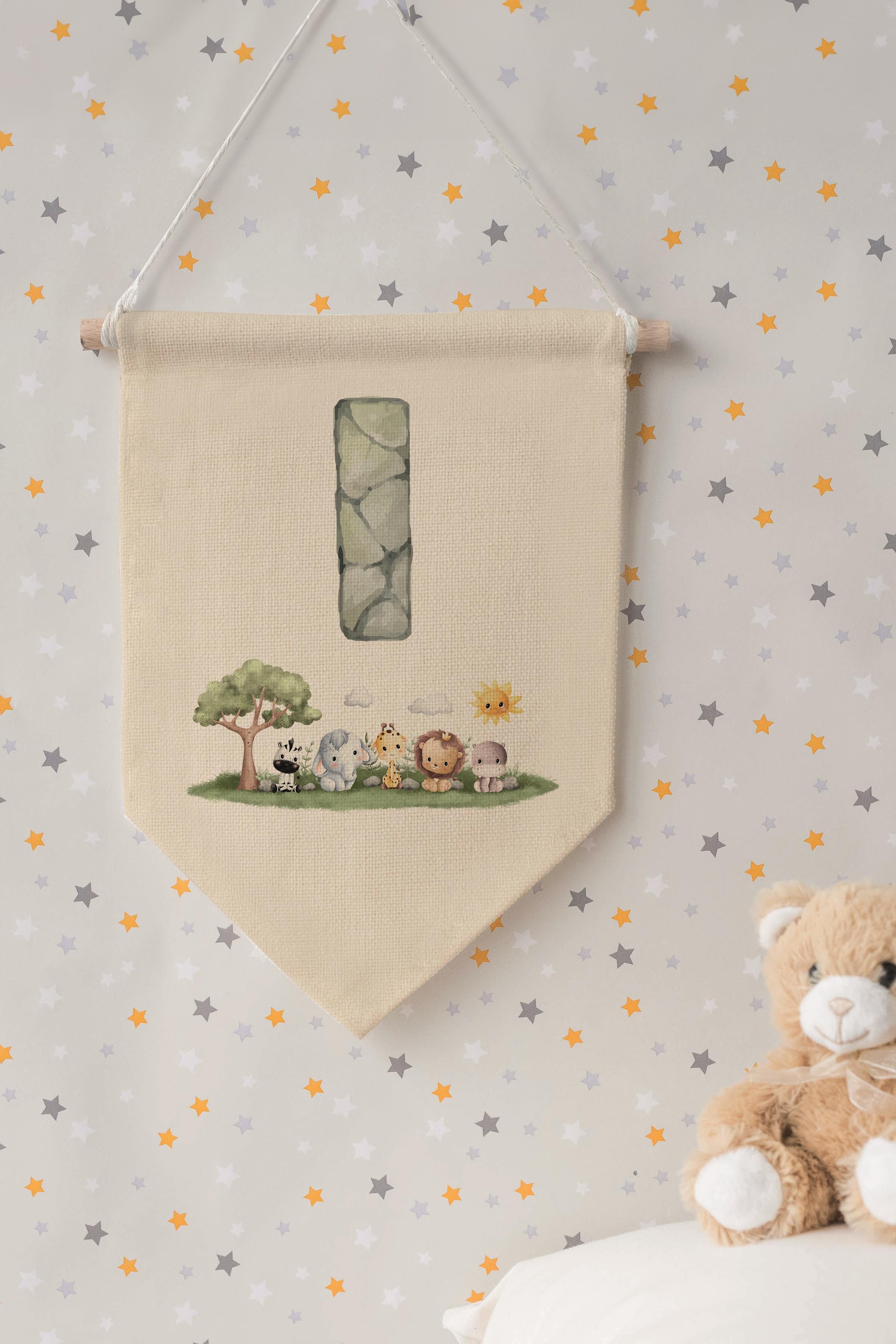 Çocuk Odası Dekor, Duvar Süsü, Ahşap Bebek Odası Dekor, Canvas Flama, Safari ve Hayvanlı I Harfi