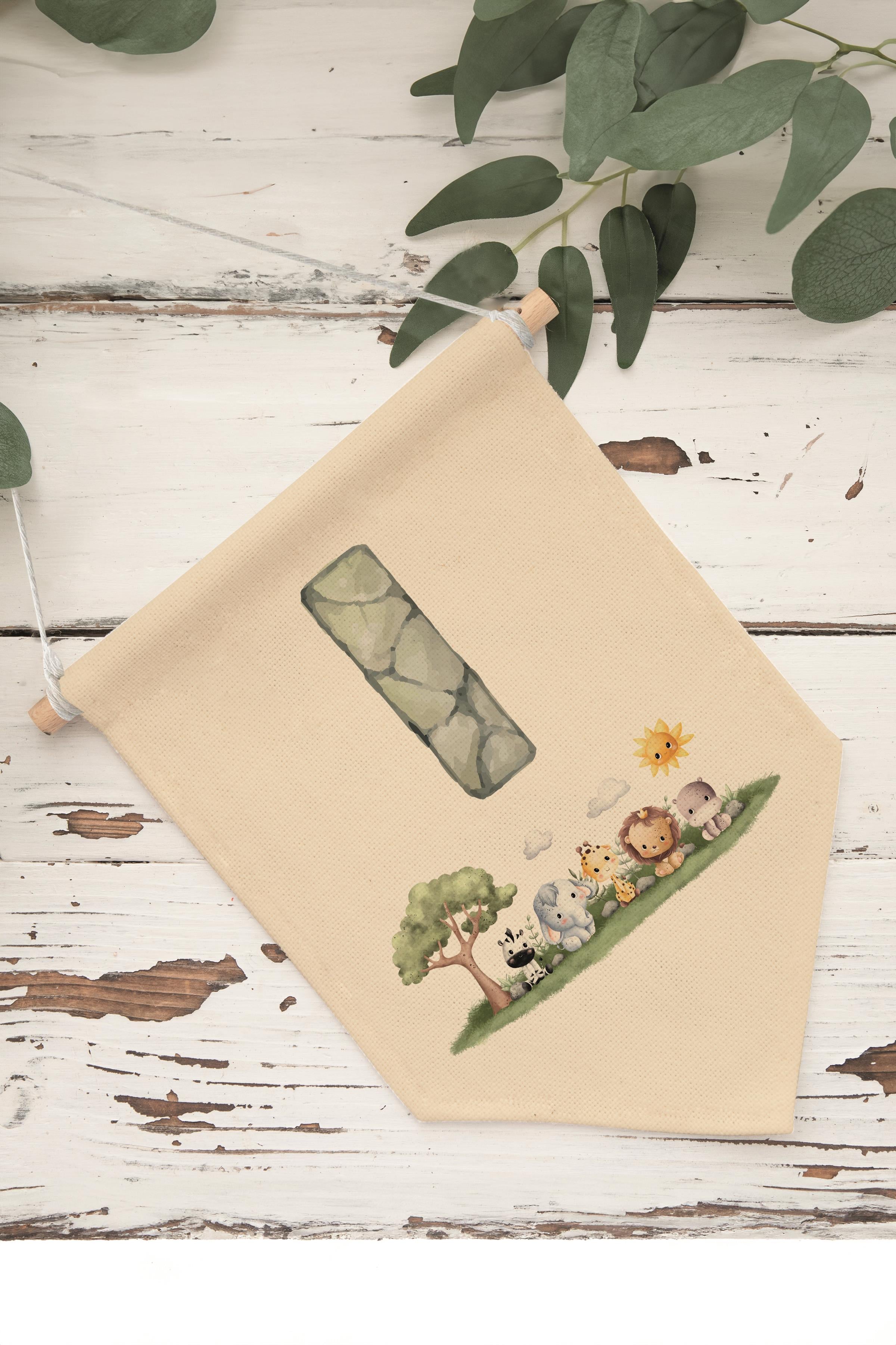 Çocuk Odası Dekor, Duvar Süsü, Ahşap Bebek Odası Dekor, Canvas Flama, Safari ve Hayvanlı I Harfi