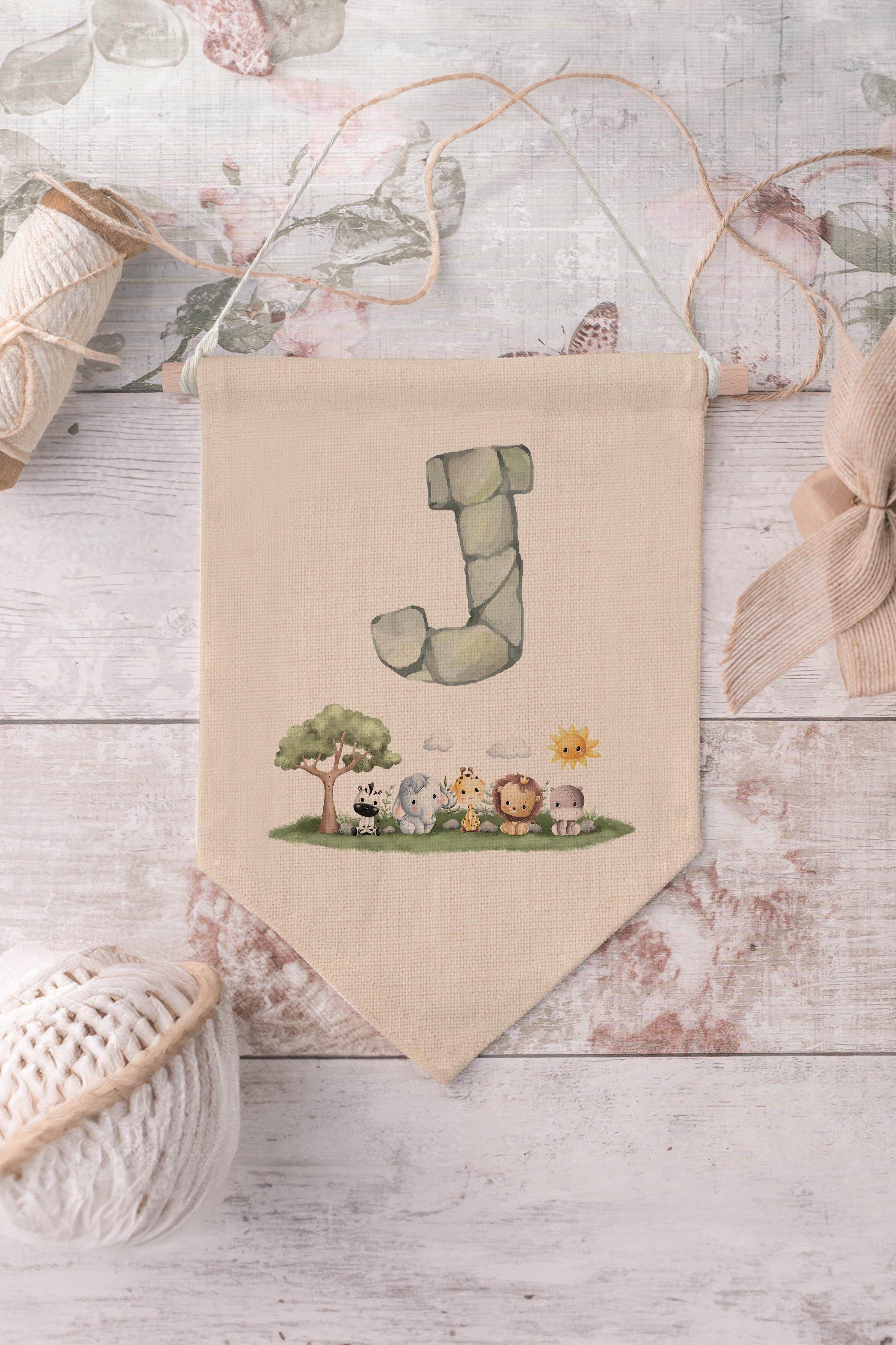Çocuk Odası Dekor, Duvar Süsü, Ahşap Bebek Odası Dekor, Canvas Flama, Safari ve Hayvanlı J Harfi
