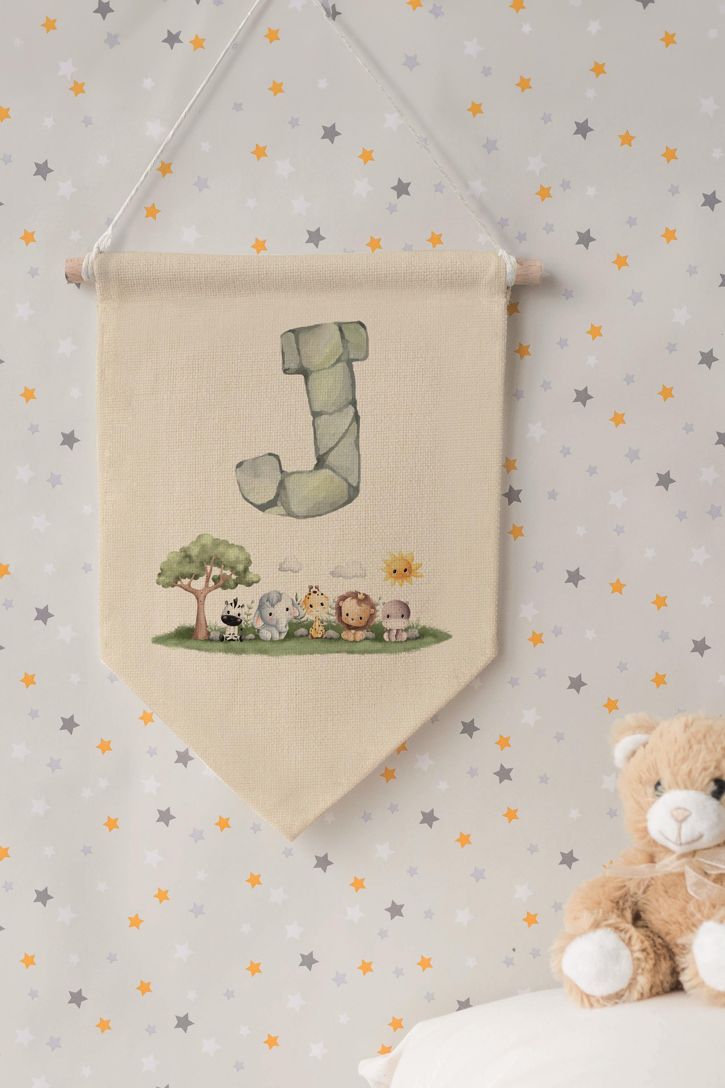 Çocuk Odası Dekor, Duvar Süsü, Ahşap Bebek Odası Dekor, Canvas Flama, Safari ve Hayvanlı J Harfi
