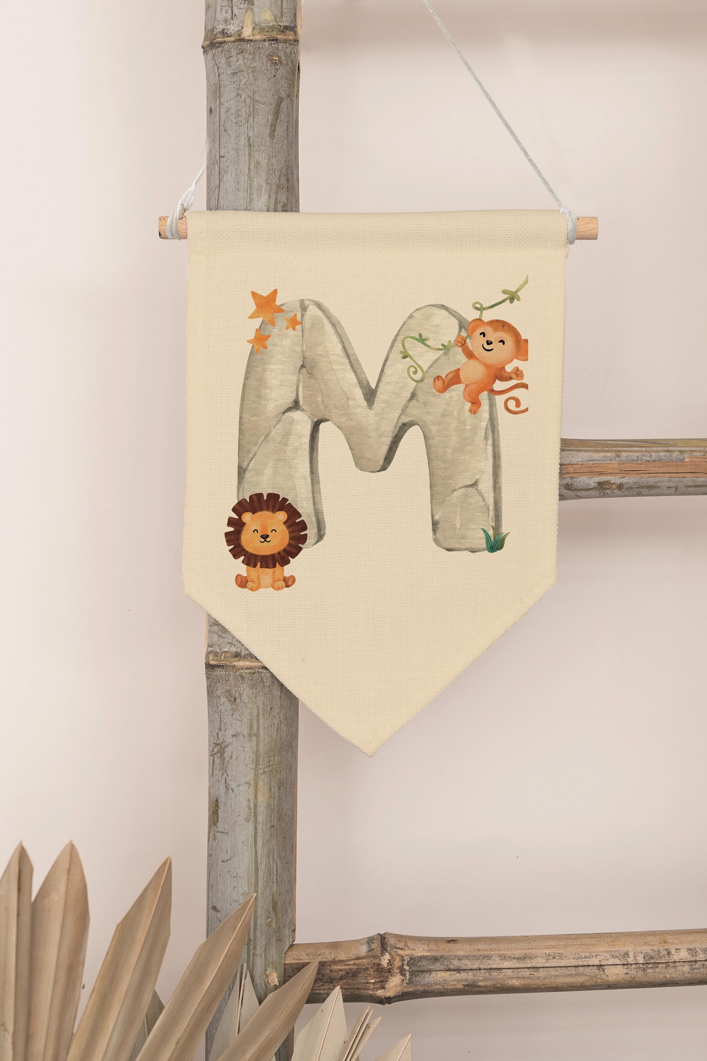 Çocuk Odası Dekor, Duvar Süsü, Ahşap Bebek Odası Dekor, Canvas Flama, Safari ve Hayvanlı M Harfi