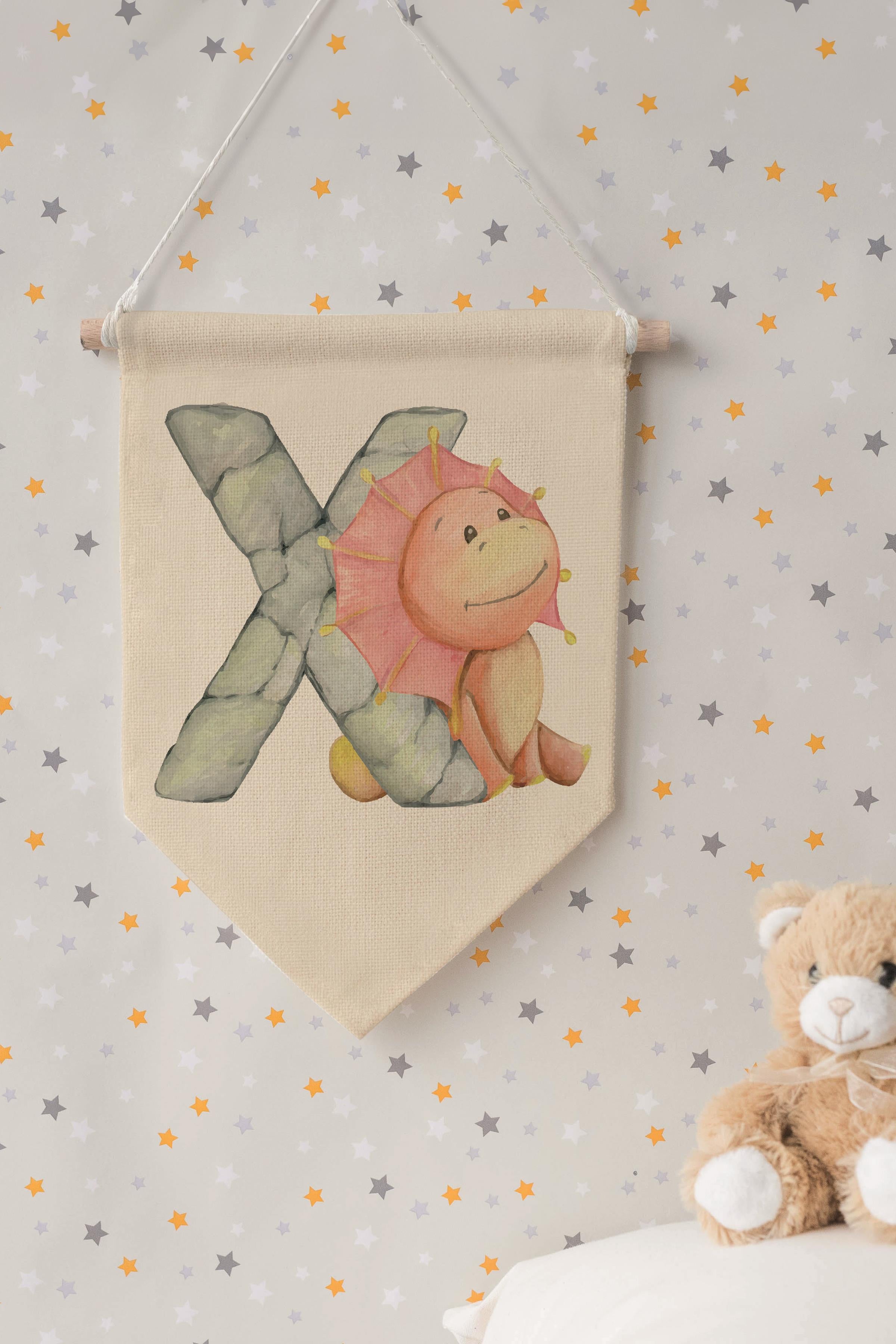 Çocuk Odası Dekor, Duvar Süsü, Ahşap Bebek Odası Dekor, Canvas Flama, Safari ve Hayvanlı X Harfi
