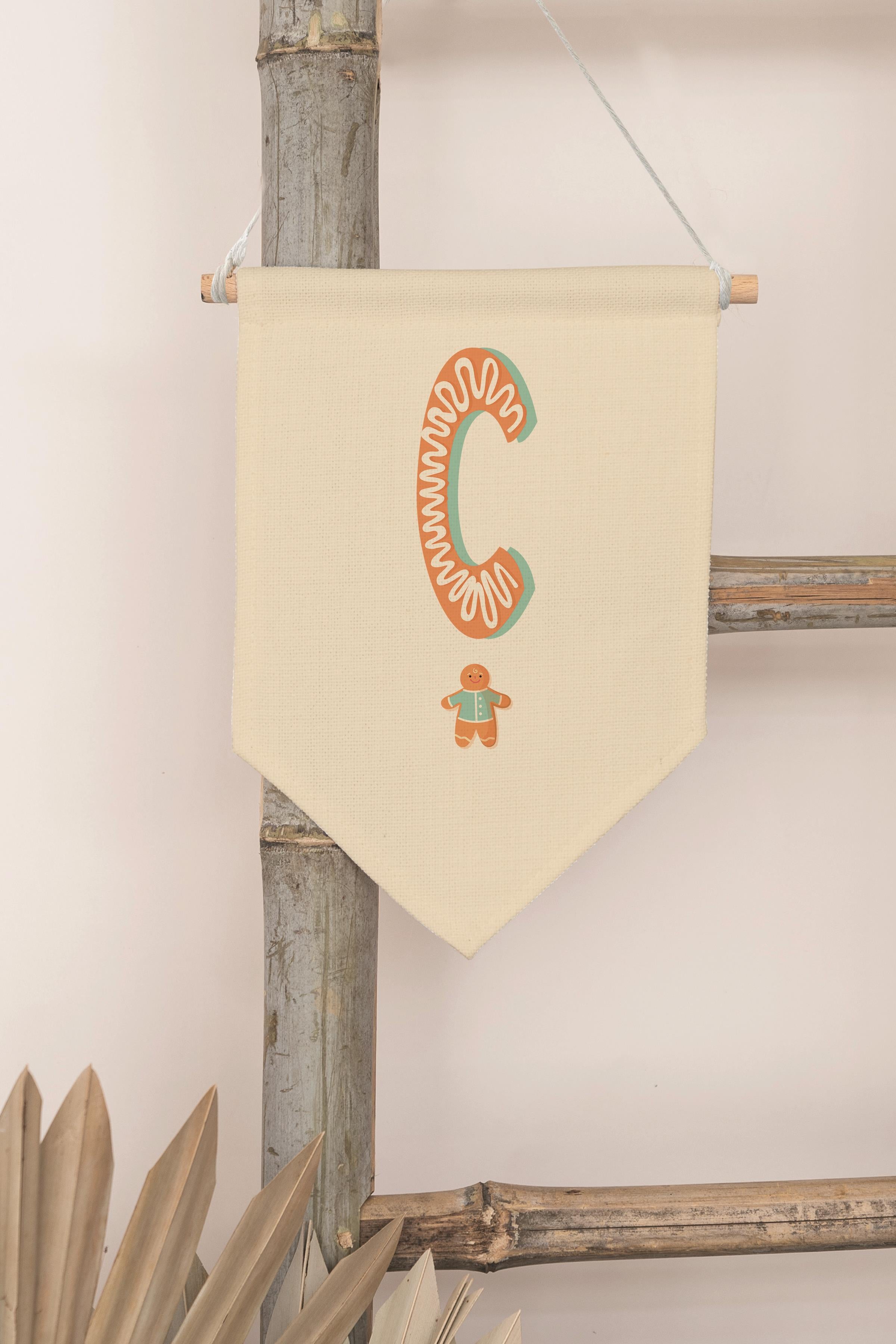 Çocuk Odası Dekor, Duvar Süsü, Ahşap Bebek Odası Dekor, Canvas Flama, Turuncu Kurabiye Desenli C Harfi
