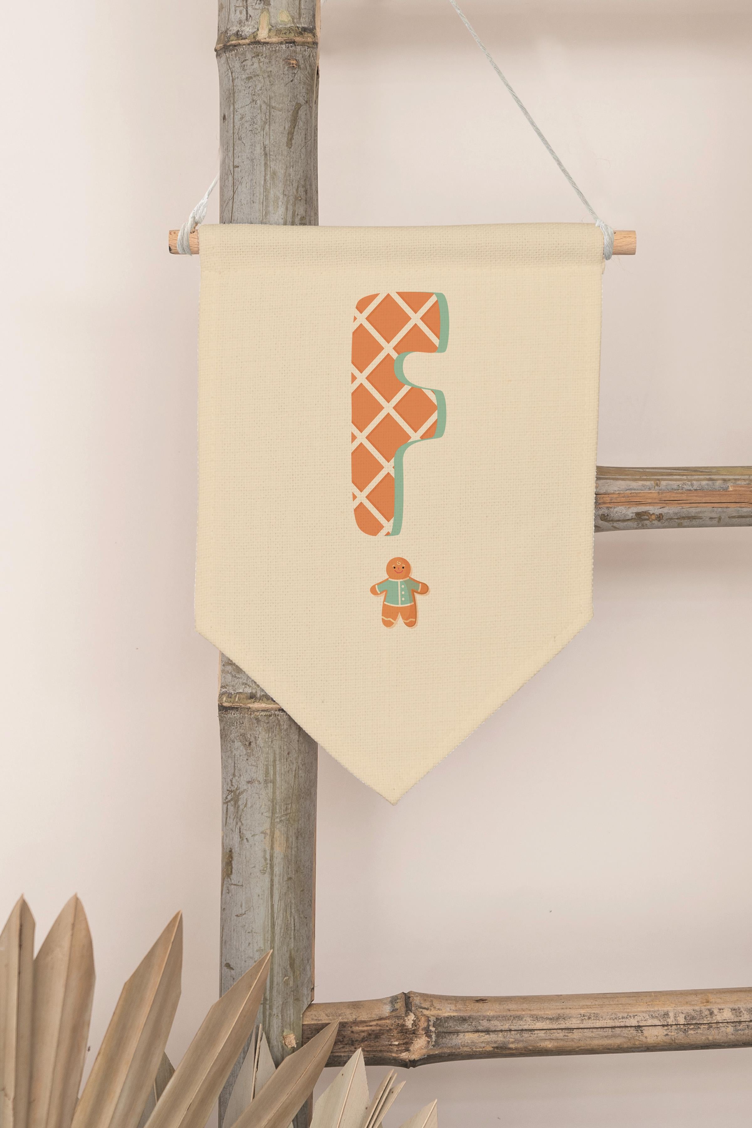 Çocuk Odası Dekor, Duvar Süsü, Ahşap Bebek Odası Dekor, Canvas Flama, Turuncu Kurabiye Desenli F Harfi