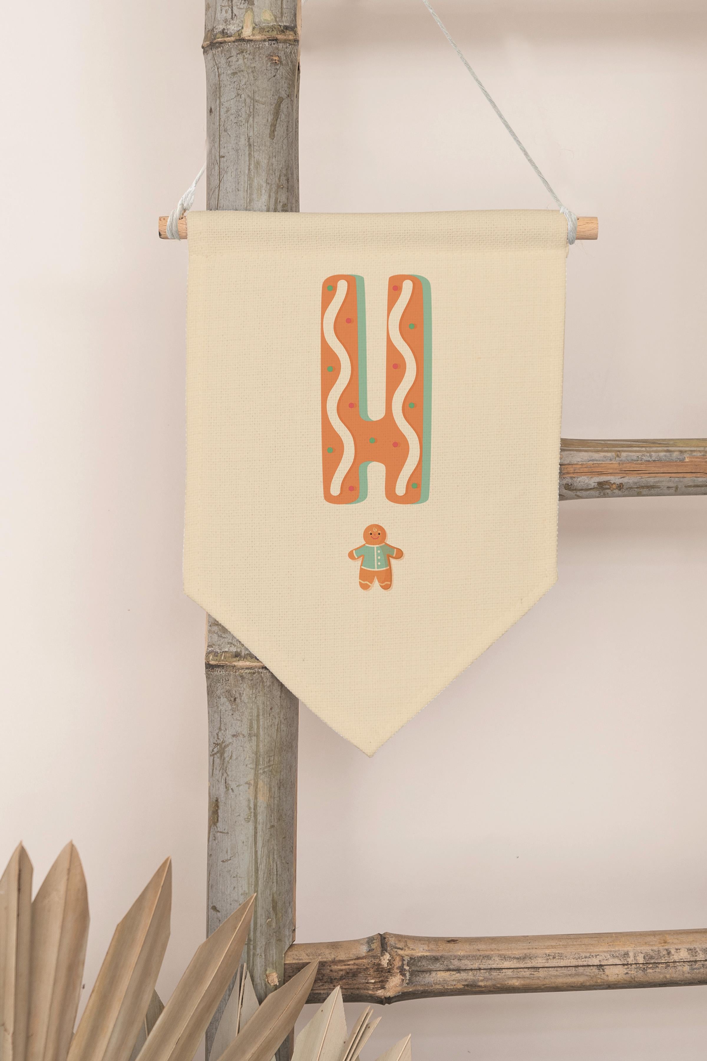 Çocuk Odası Dekor, Duvar Süsü, Ahşap Bebek Odası Dekor, Canvas Flama, Turuncu Kurabiye Desenli H Harfi