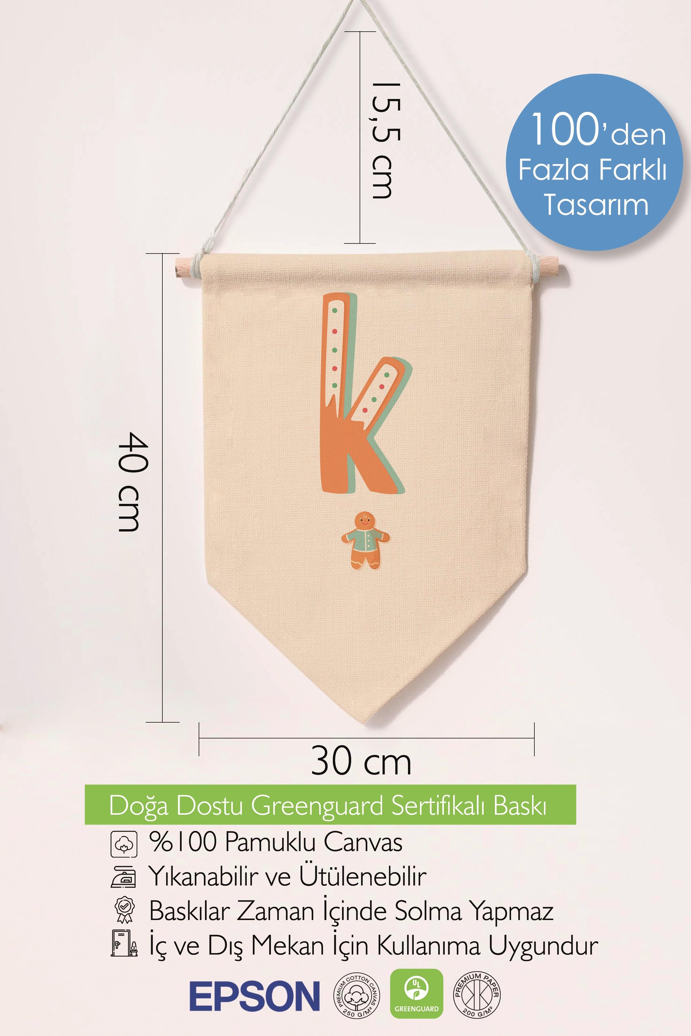 Çocuk Odası Dekor, Duvar Süsü, Ahşap Bebek Odası Dekor, Canvas Flama, Turuncu Kurabiye Desenli K Harfi