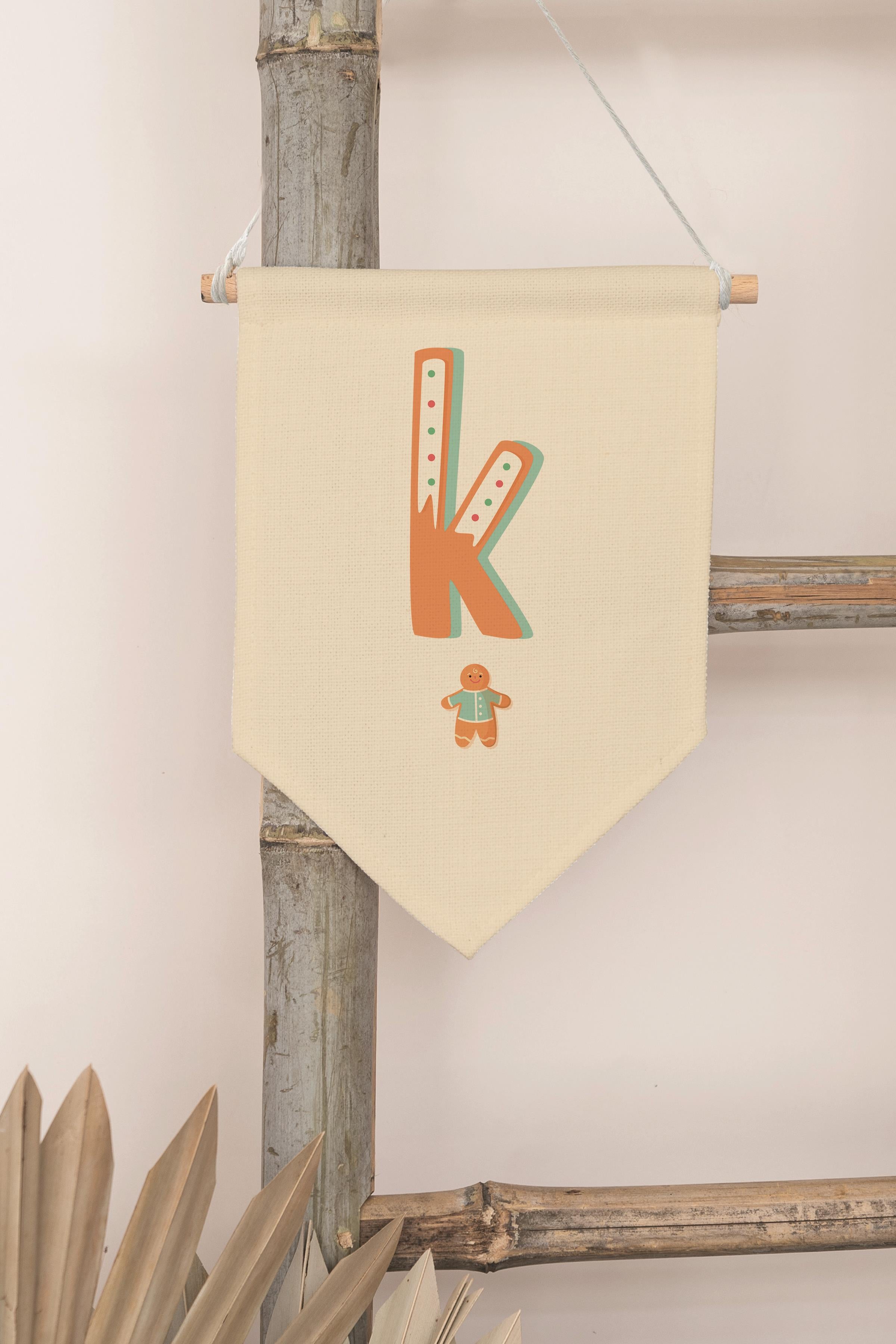 Çocuk Odası Dekor, Duvar Süsü, Ahşap Bebek Odası Dekor, Canvas Flama, Turuncu Kurabiye Desenli K Harfi