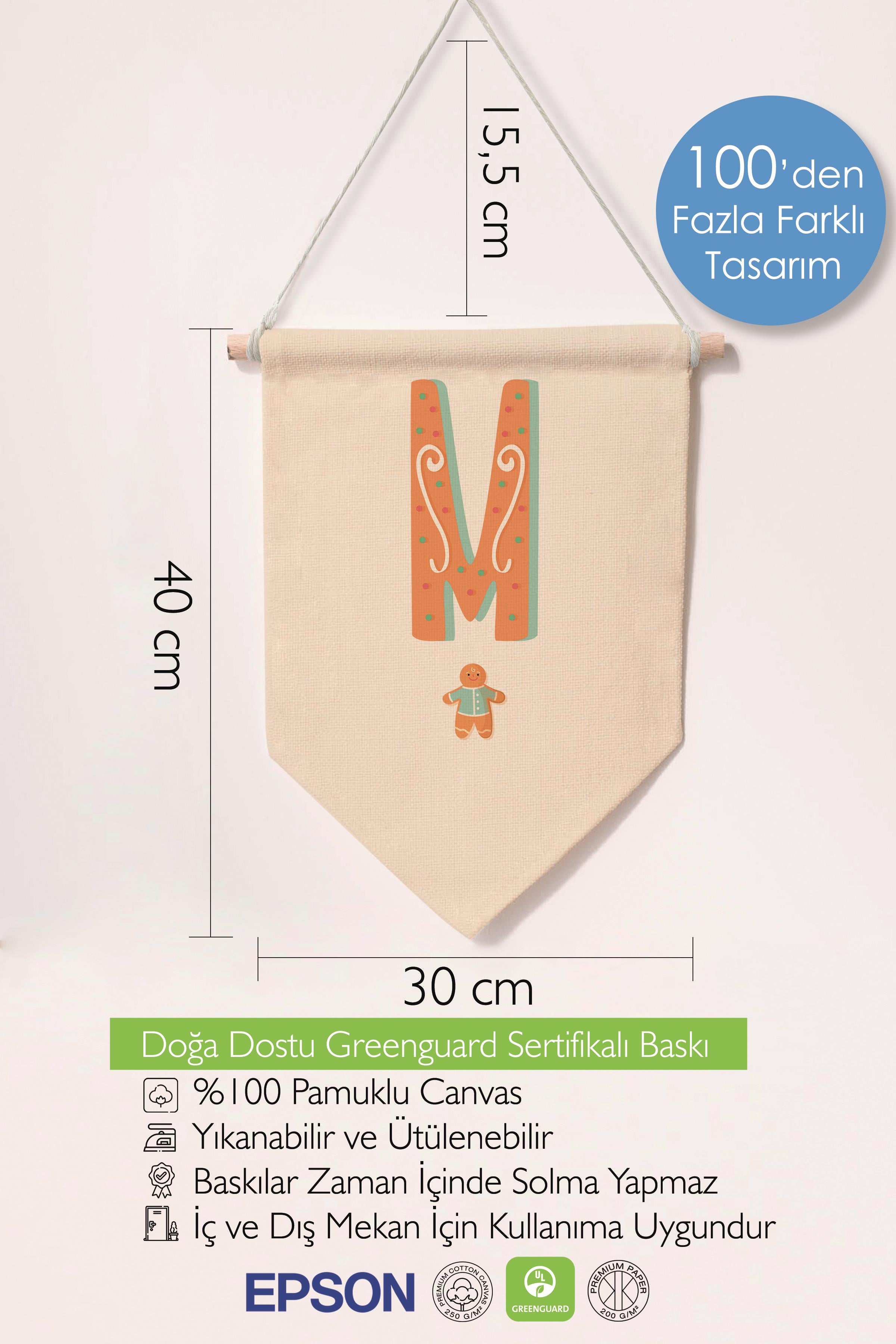 Çocuk Odası Dekor, Duvar Süsü, Ahşap Bebek Odası Dekor, Canvas Flama, Turuncu Kurabiye Desenli M Harfi