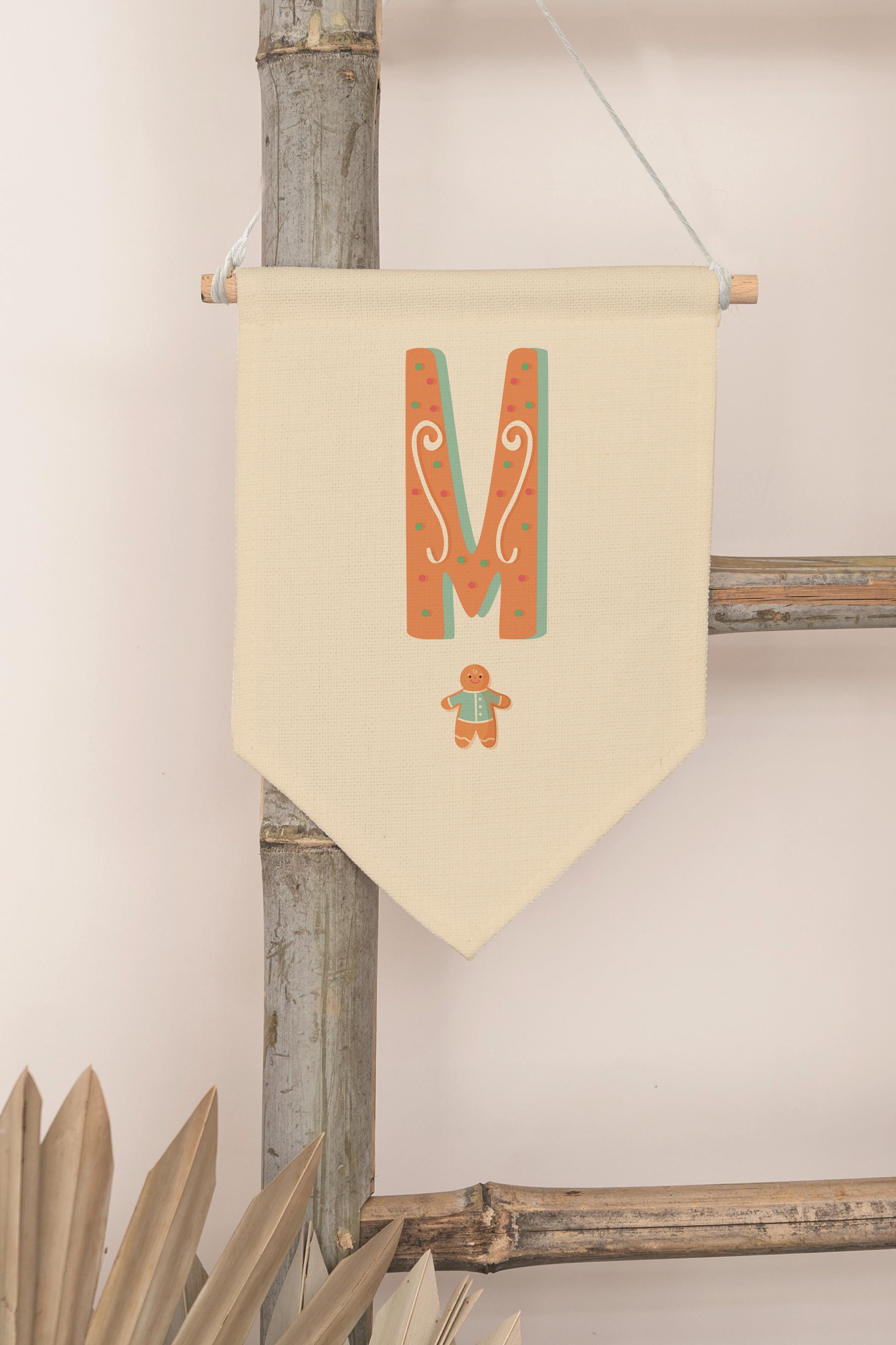 Çocuk Odası Dekor, Duvar Süsü, Ahşap Bebek Odası Dekor, Canvas Flama, Turuncu Kurabiye Desenli M Harfi