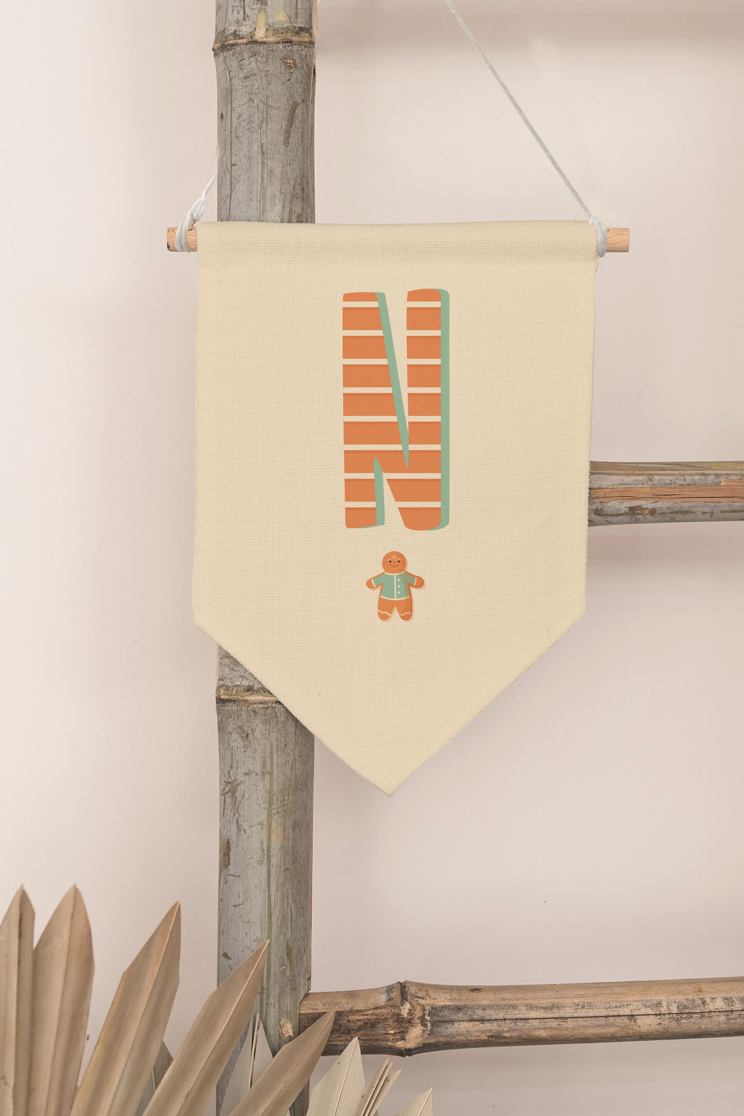 Çocuk Odası Dekor, Duvar Süsü, Ahşap Bebek Odası Dekor, Canvas Flama, Turuncu Kurabiye Desenli N Harfi