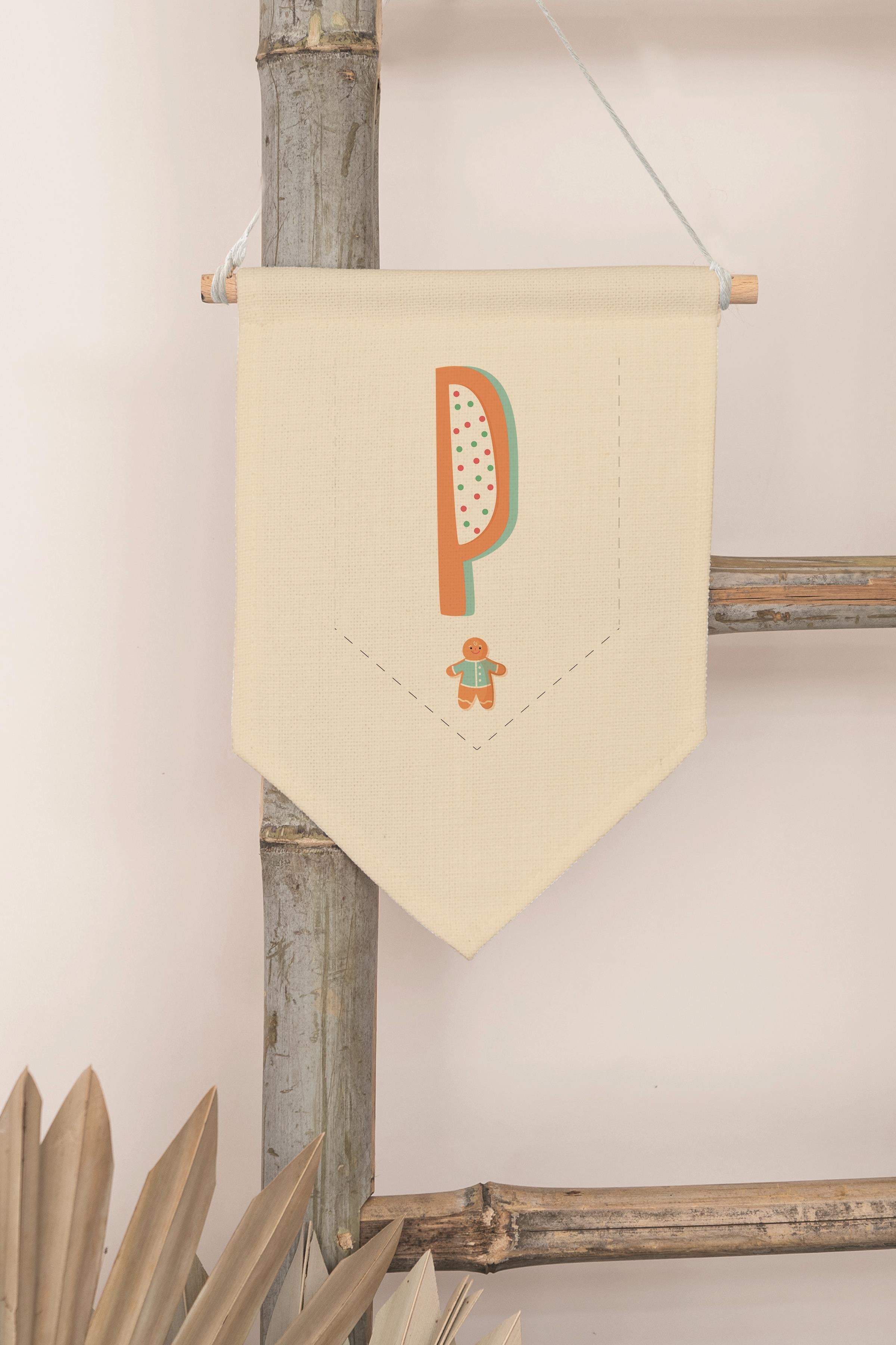 Çocuk Odası Dekor, Duvar Süsü, Ahşap Bebek Odası Dekor, Canvas Flama, Turuncu Kurabiye Desenli P Harfi