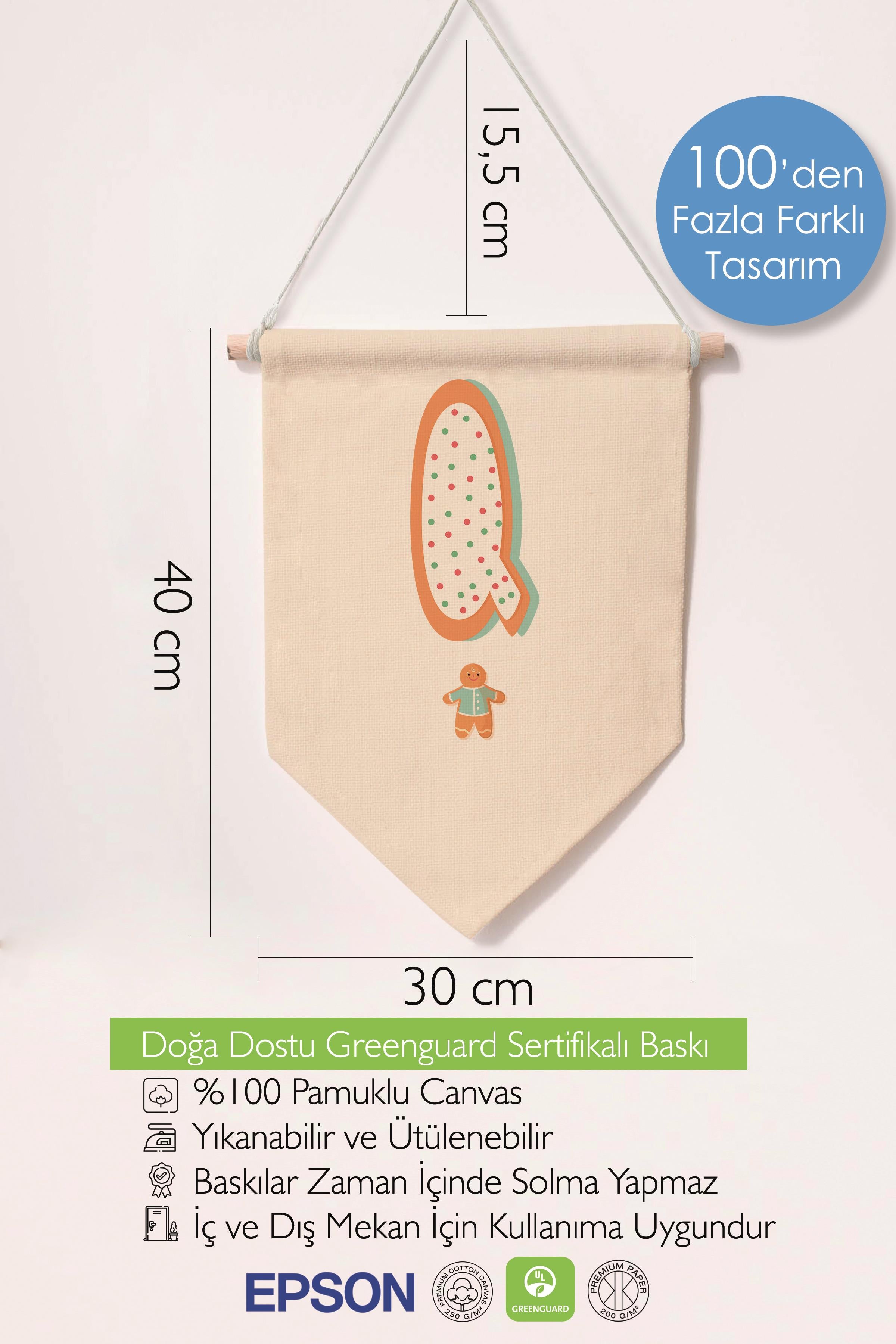 Çocuk Odası Dekor, Duvar Süsü, Ahşap Bebek Odası Dekor, Canvas Flama, Turuncu Kurabiye Desenli Q Harfi