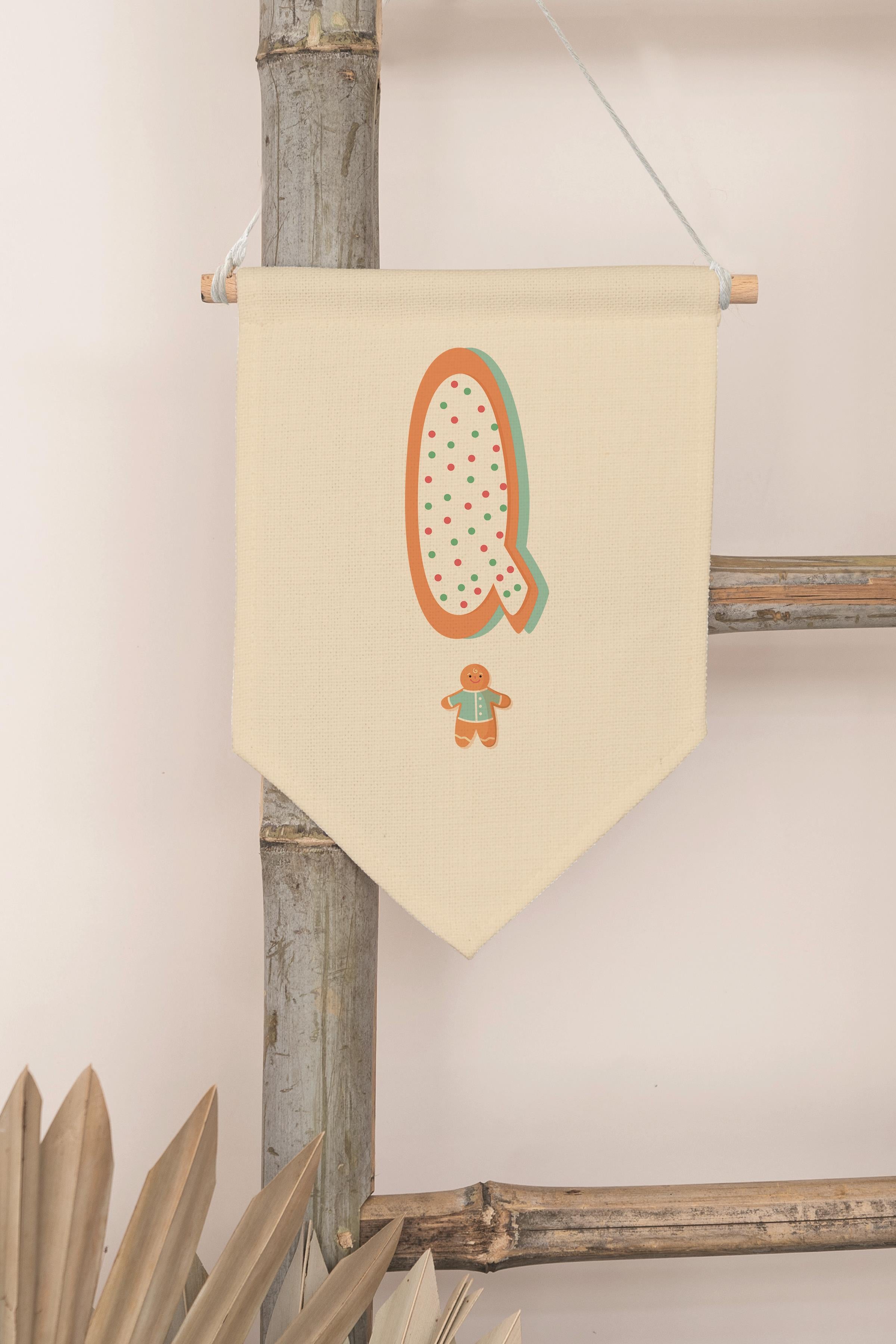 Çocuk Odası Dekor, Duvar Süsü, Ahşap Bebek Odası Dekor, Canvas Flama, Turuncu Kurabiye Desenli Q Harfi