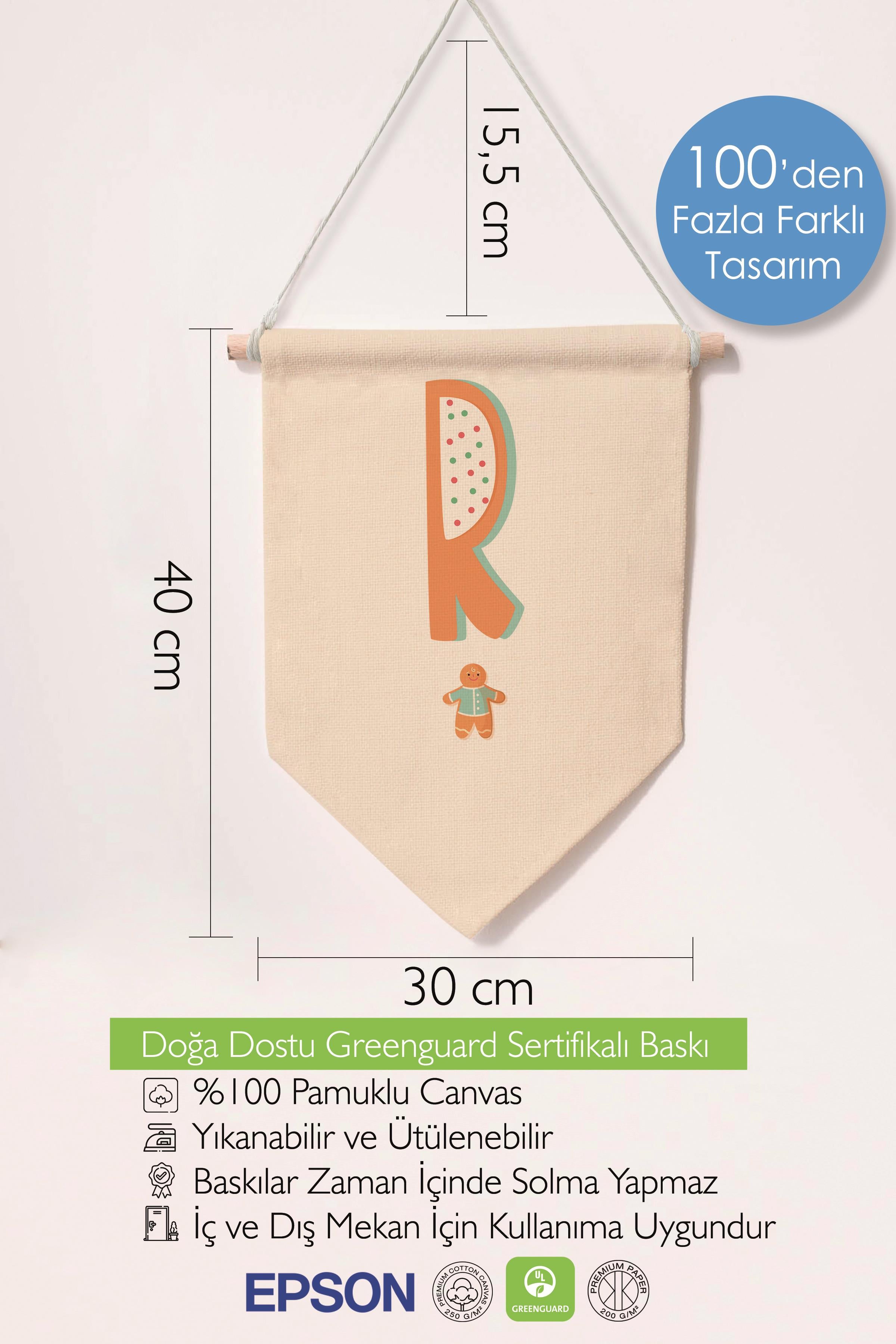 Çocuk Odası Dekor, Duvar Süsü, Ahşap Bebek Odası Dekor, Canvas Flama, Turuncu Kurabiye Desenli R Harfi