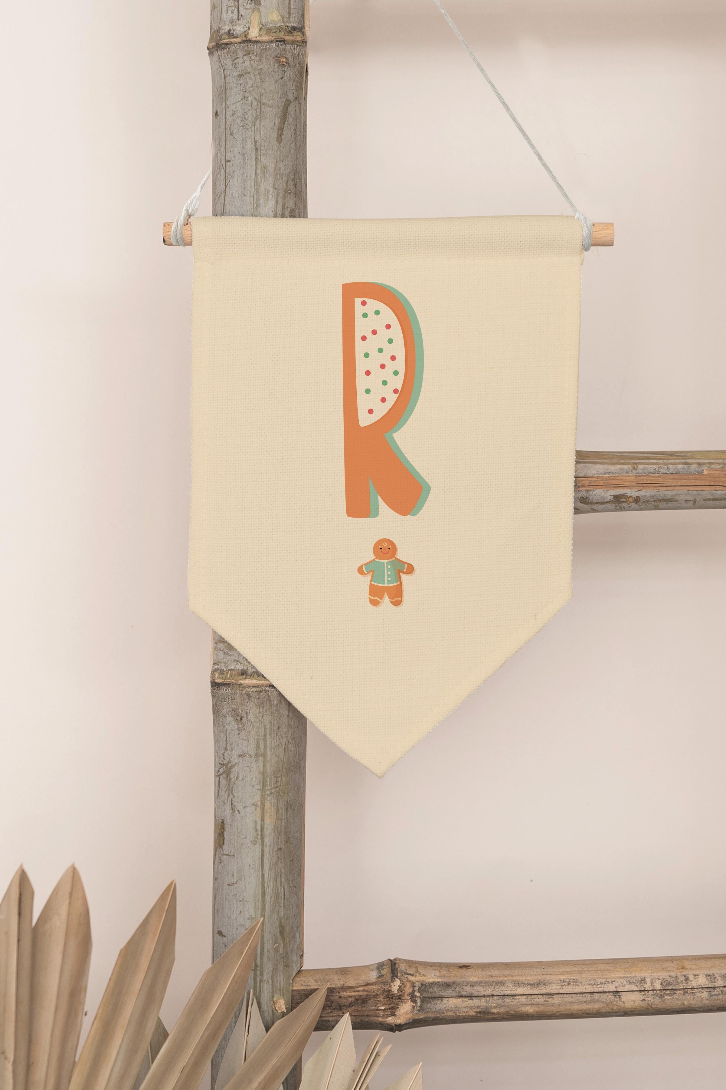 Çocuk Odası Dekor, Duvar Süsü, Ahşap Bebek Odası Dekor, Canvas Flama, Turuncu Kurabiye Desenli R Harfi