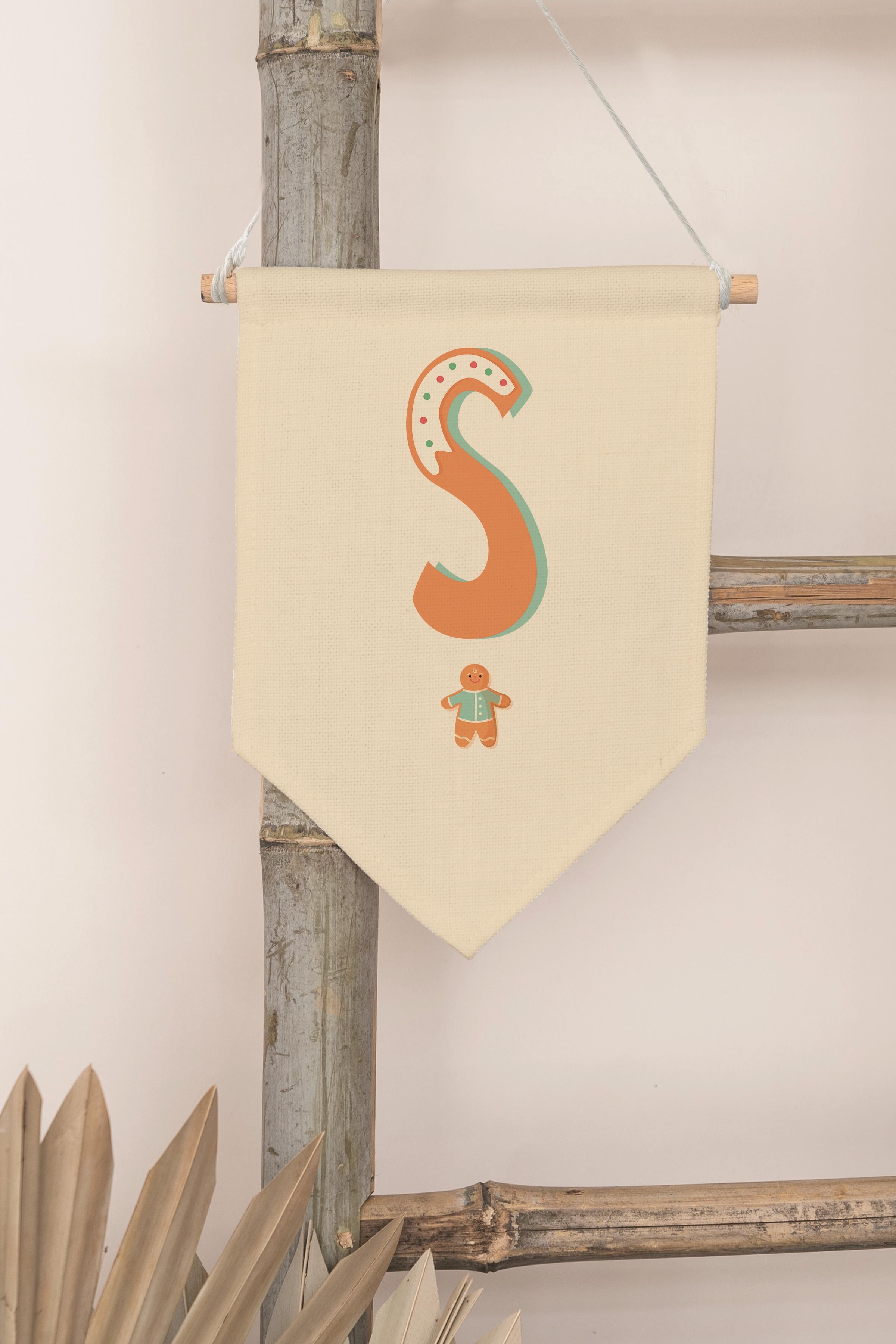 Çocuk Odası Dekor, Duvar Süsü, Ahşap Bebek Odası Dekor, Canvas Flama, Turuncu Kurabiye Desenli S Harfi