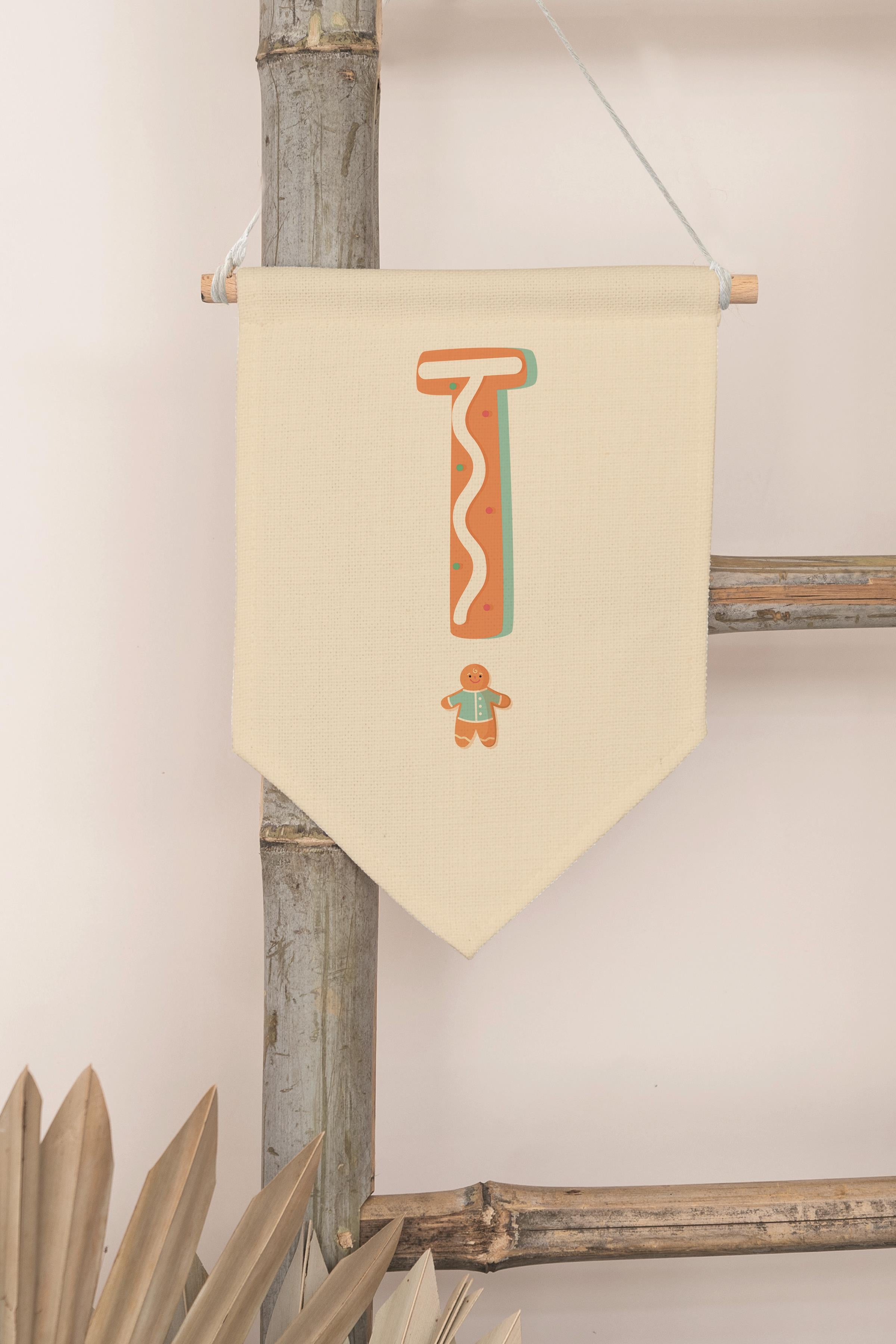Çocuk Odası Dekor, Duvar Süsü, Ahşap Bebek Odası Dekor, Canvas Flama, Turuncu Kurabiye Desenli T Harfi