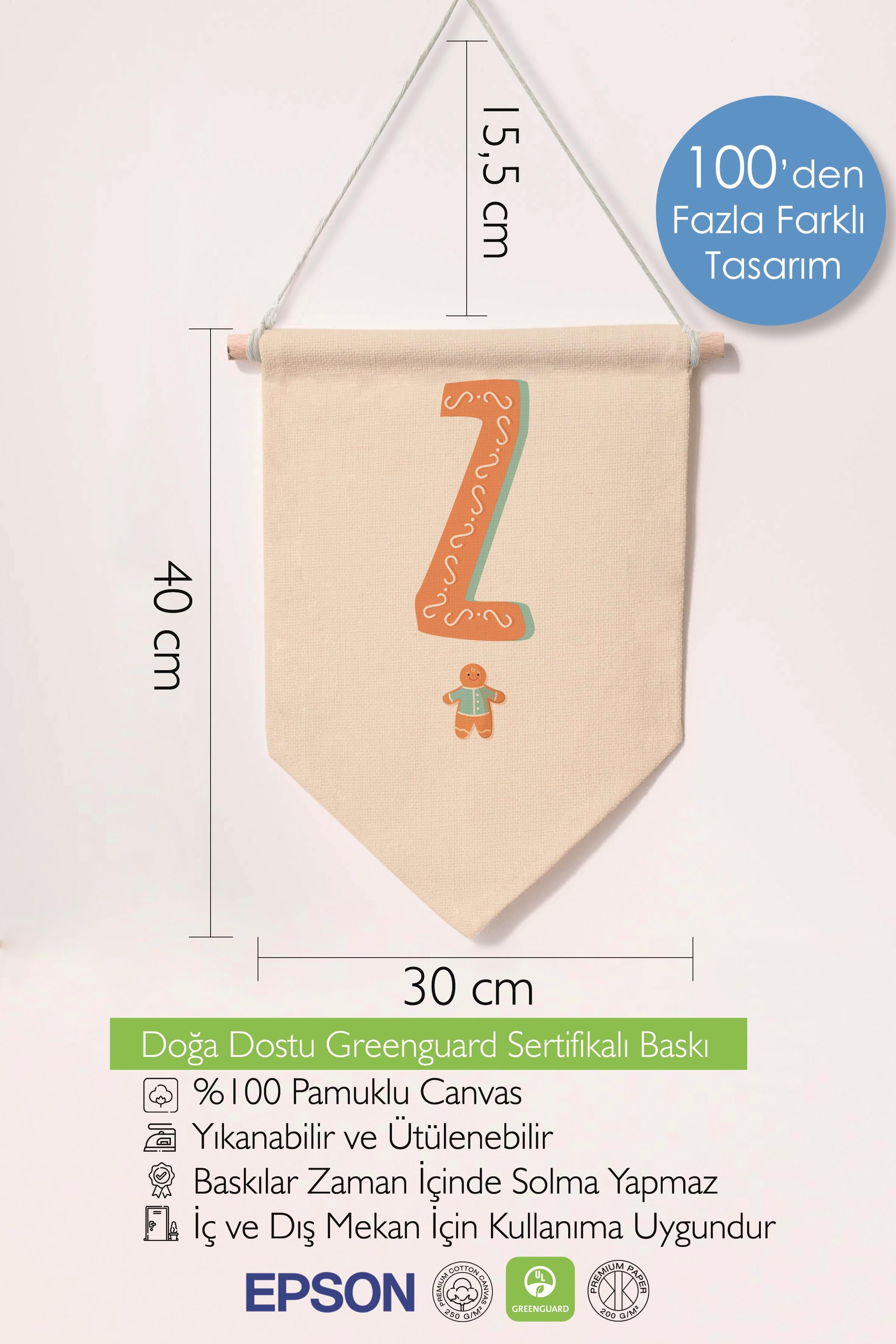 Çocuk Odası Dekor, Duvar Süsü, Ahşap Bebek Odası Dekor, Canvas Flama, Turuncu Kurabiye Desenli Z Harfi