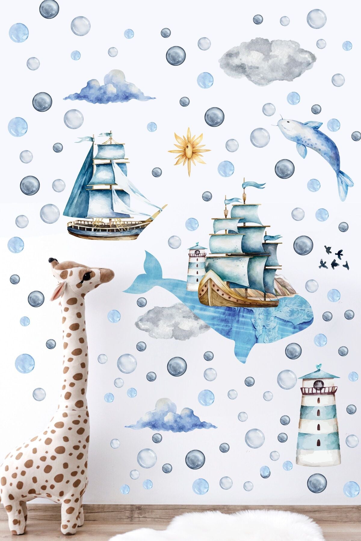 Çocuk Odası Sticker Seti, Okyanus Temalı Çocuk Odası Duvar Dekoru, Bebek Odası Duvar Stickerı