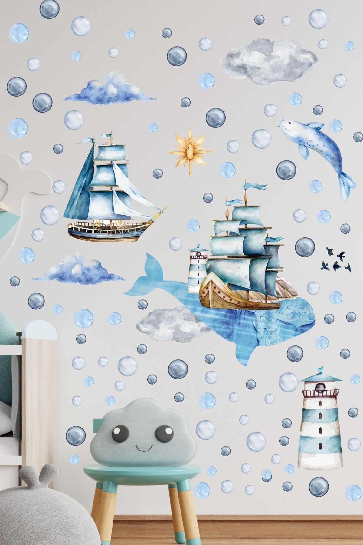 Çocuk Odası Sticker Seti, Okyanus Temalı Çocuk Odası Duvar Dekoru, Bebek Odası Duvar Stickerı