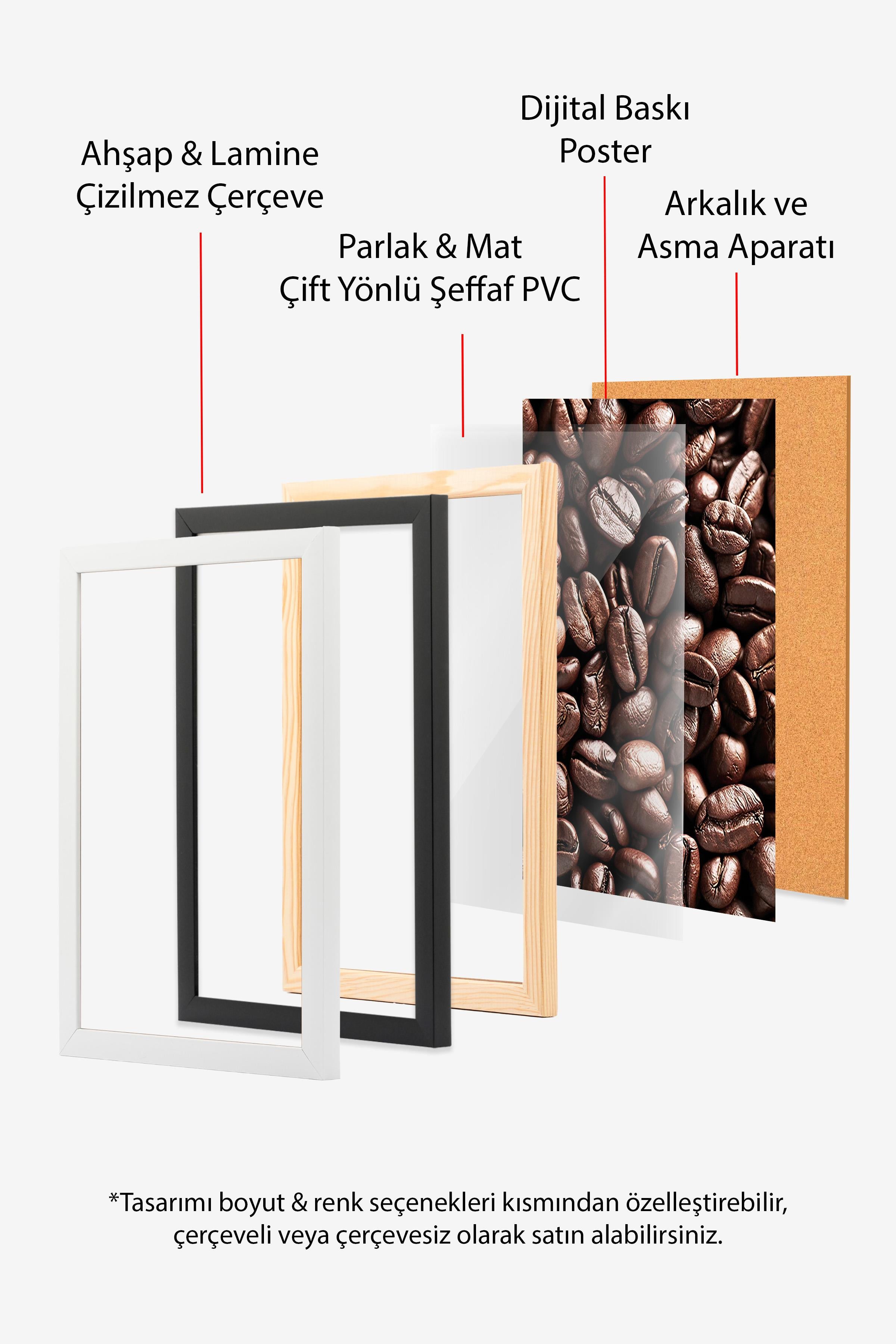 Coffee Beans Çerçeveli Tablo, Siyah Çerçeve ve Poster, Dikey Duvar Tablosu Comfort Serisi NO:108404