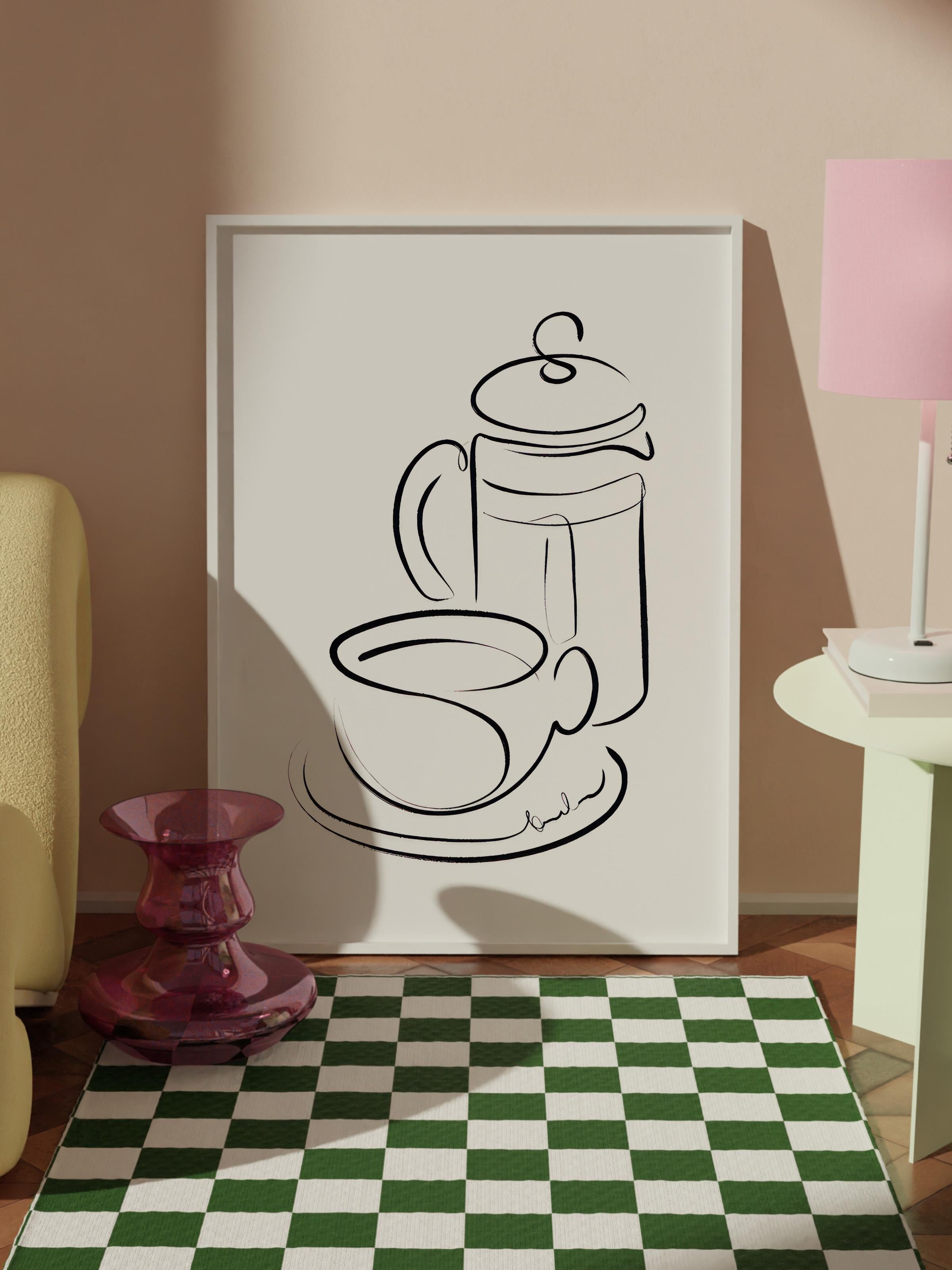 Coffee Line Art Çerçeveli Tablo, Beyaz Çerçeve ve Poster, Duvar Tablosu Comfort Serisi NO:108559